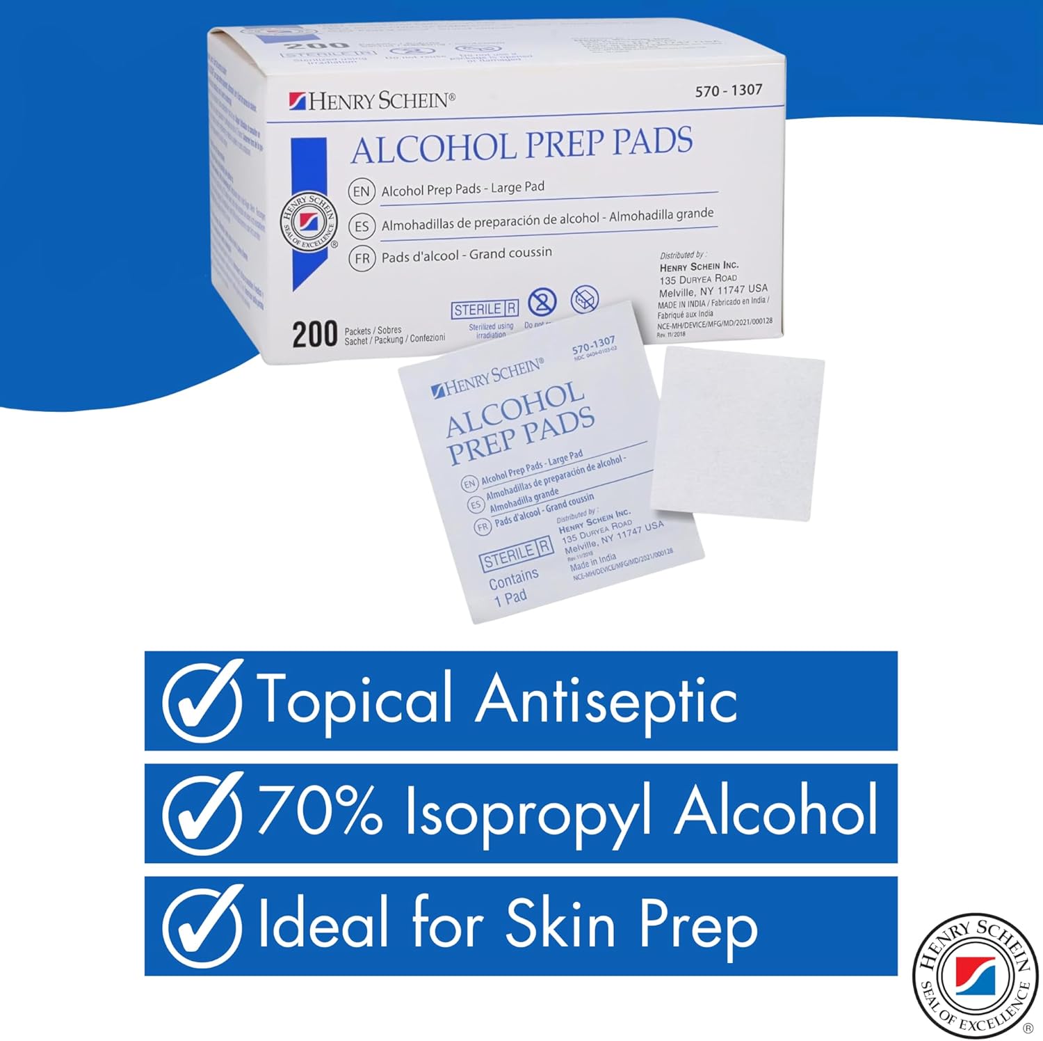 Henry Schein Large Alcohol Prep Pads - 70% Isopropyl Alcohol Wipes, Individually Wrapped - 2 ply, Textured - Skin Prep Alcohol Swabs - Sterile Alcohol Pads (200/Box, Large)