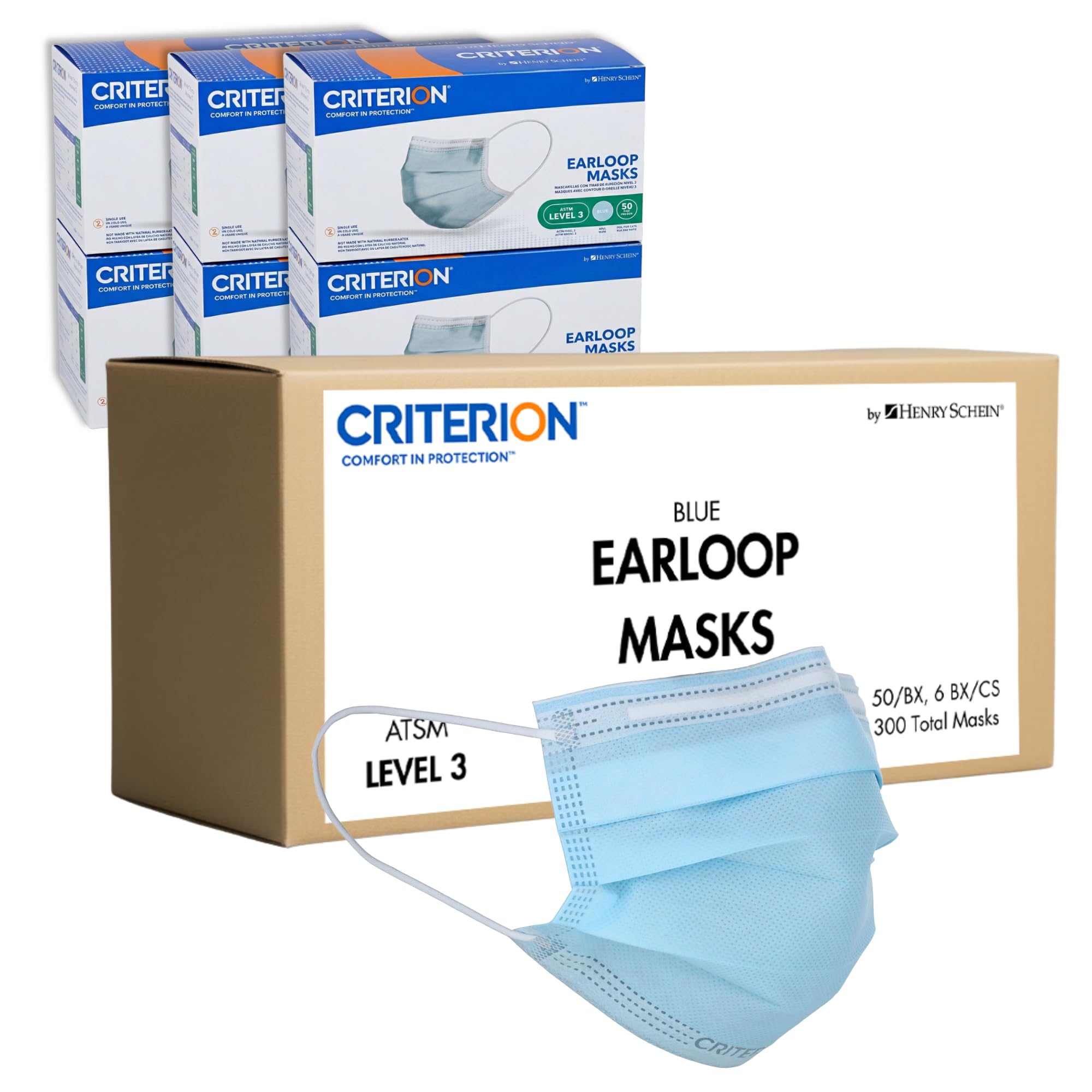 Criterion ASTM Level 3 Disposable Face Mask – Blue, 3-Ply, Fluid Resistant, Latex-Free, Flat Earloops