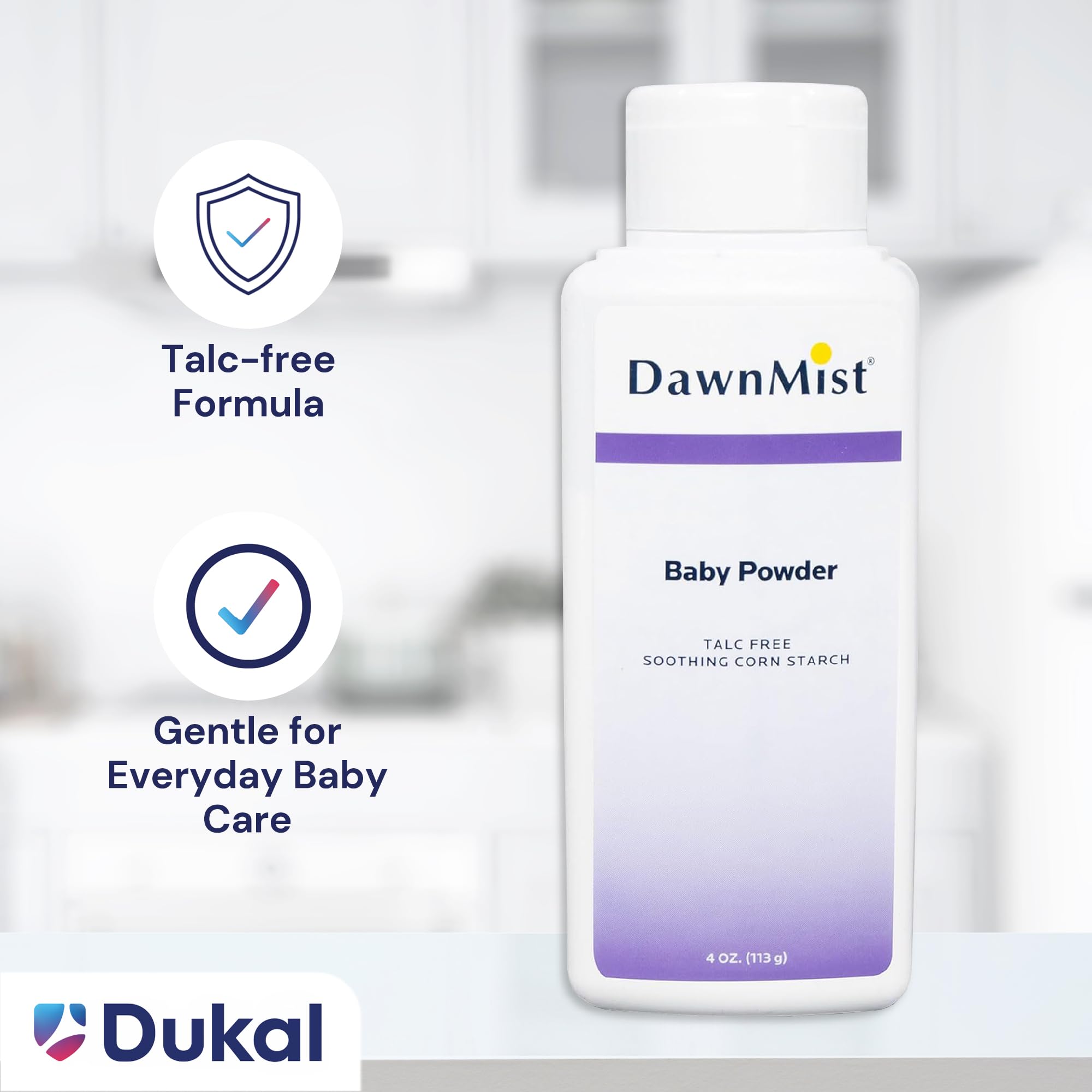 Dukal DawnMist Baby Powder with Cornstarch, 4 oz Bottles, Pack of 48 – Gentle, Talc-Free Formula for Soothing & Drying Baby Skin