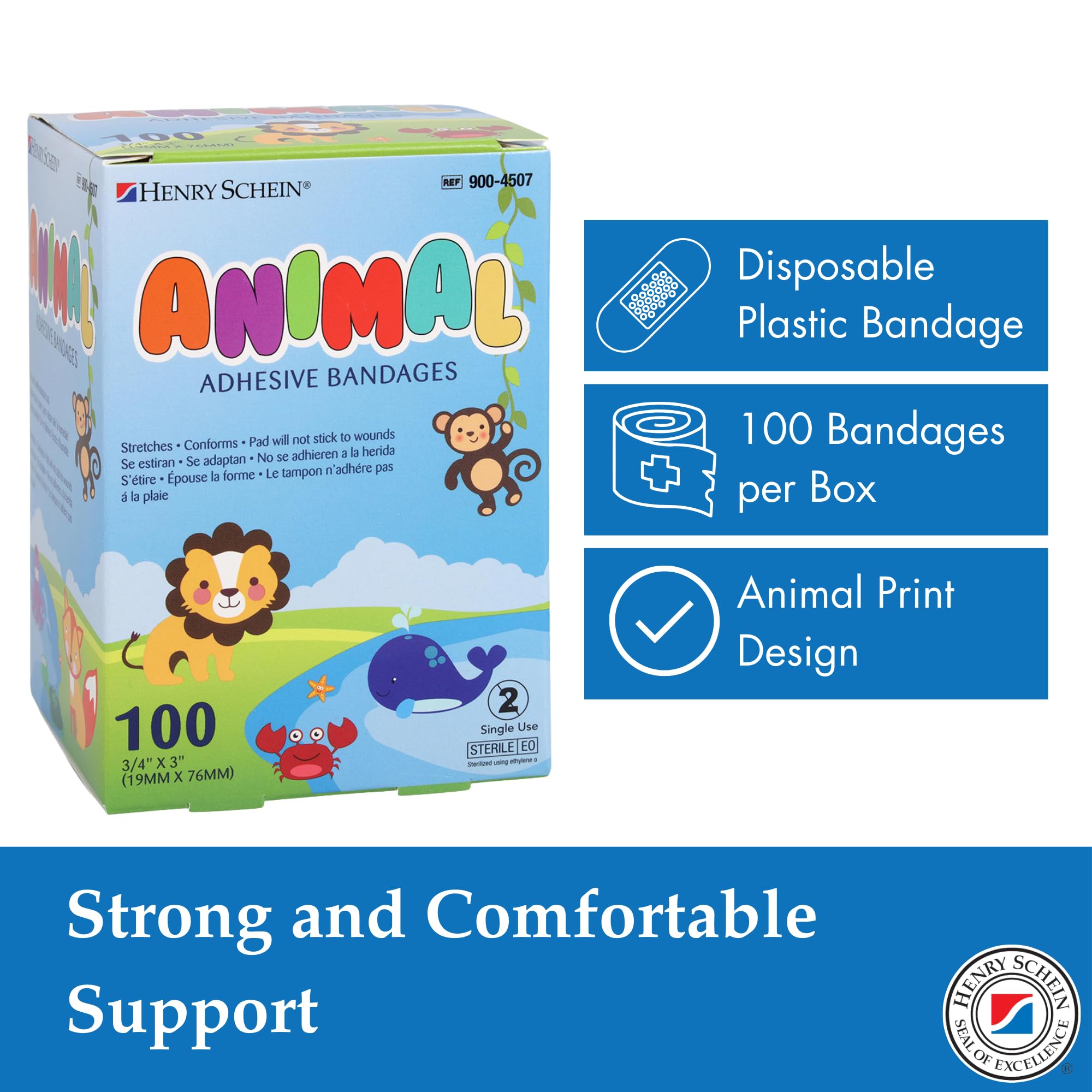 Henry Schein Adhesive Bandages – Plastic, 3/4" x 3", Animal Print, Sterile – 100 per Box, Individually Wrapped for Medical or Pediatric Use