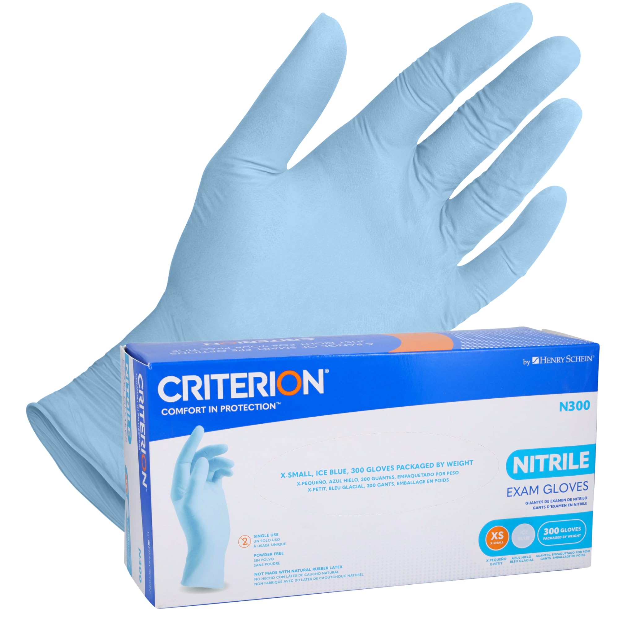 Criterion N300 Nitrile Exam Gloves, Ice Blue – Case of 10 Boxes (300/Box, 3,000 Total) – Chemo Tested, Latex-Free, Chlorinated, 2.76 Mil, Non-Sterile