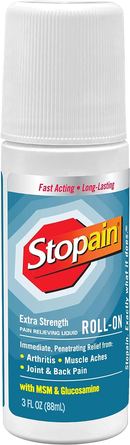 Stopain Pain Relief Roll On Gel 3oz, USA Made, Max Strength Fast Acting with MSM, Glucosamine, Menthol for Arthritis, Lower Back, Knee, Neck, HSA FSA Approved OTC Topical Analgesic Products