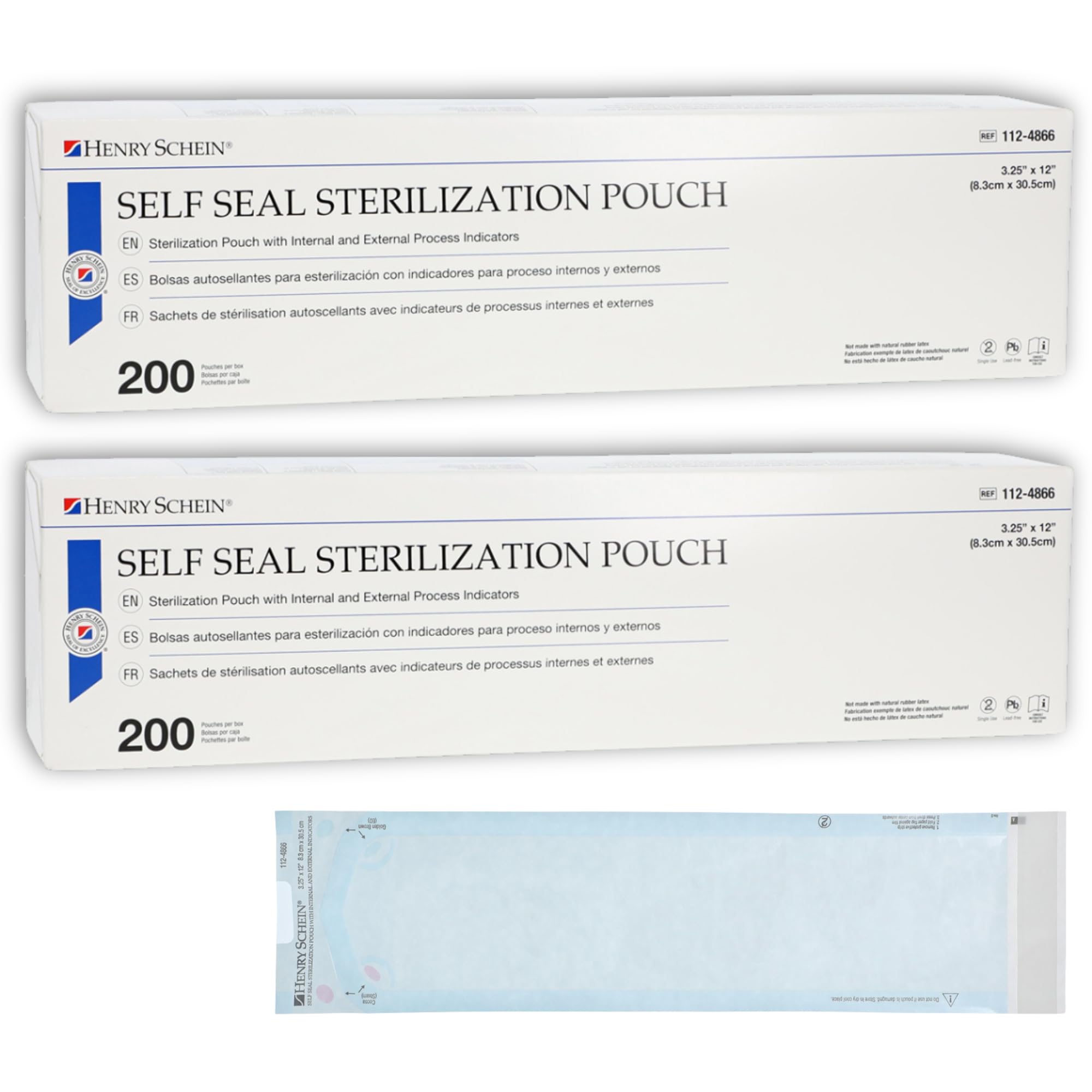 Henry Schein Self-Sealing Sterilization Pouches, Latex-Free, Built In Color Change Guide 3.25 in x 12 in 200/Bx
