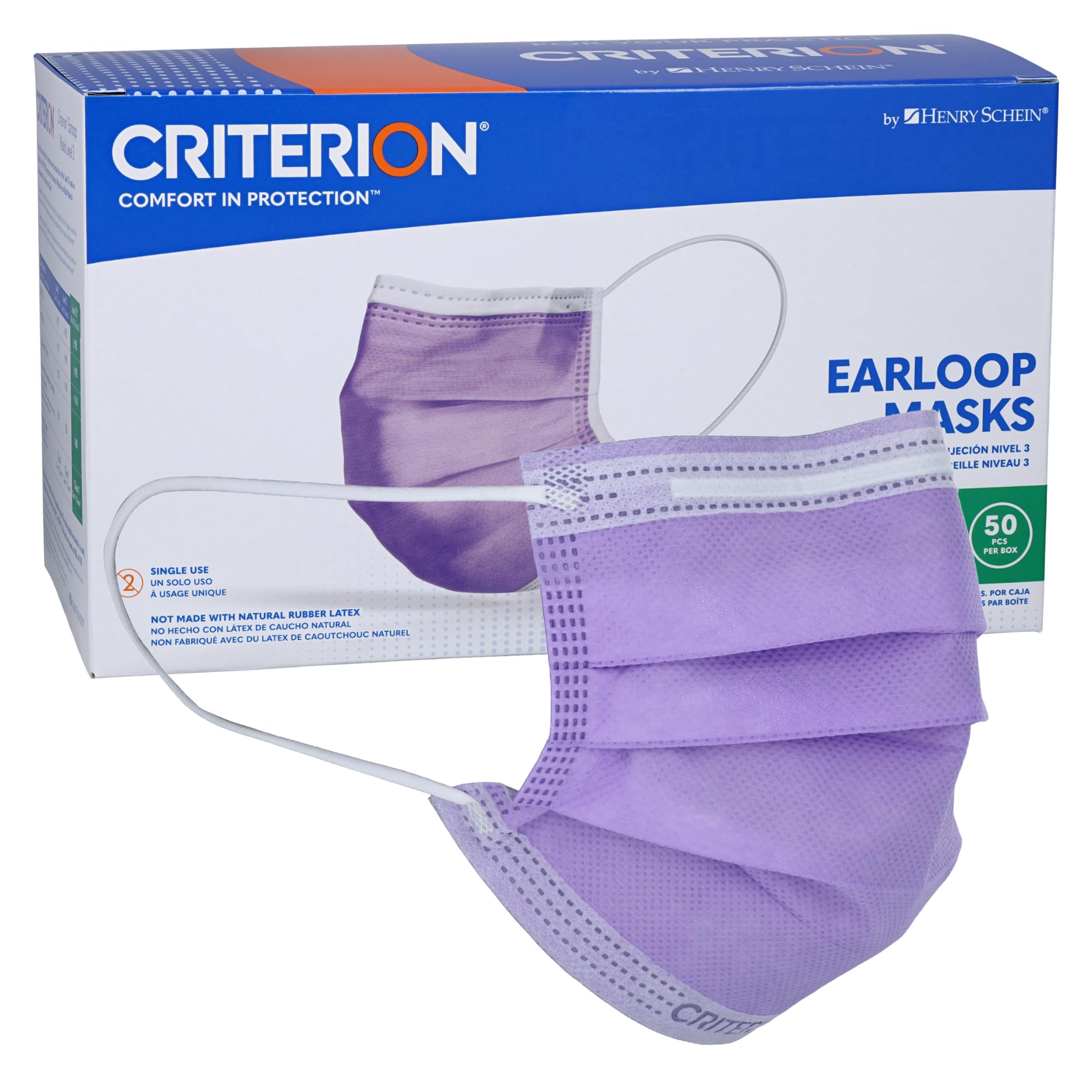 Criterion ASTM Level 3 Disposable Face Mask – Lavender, 3-Ply, Fluid Resistant, Latex-Free, Flat Earloops, Adult, 50/Box