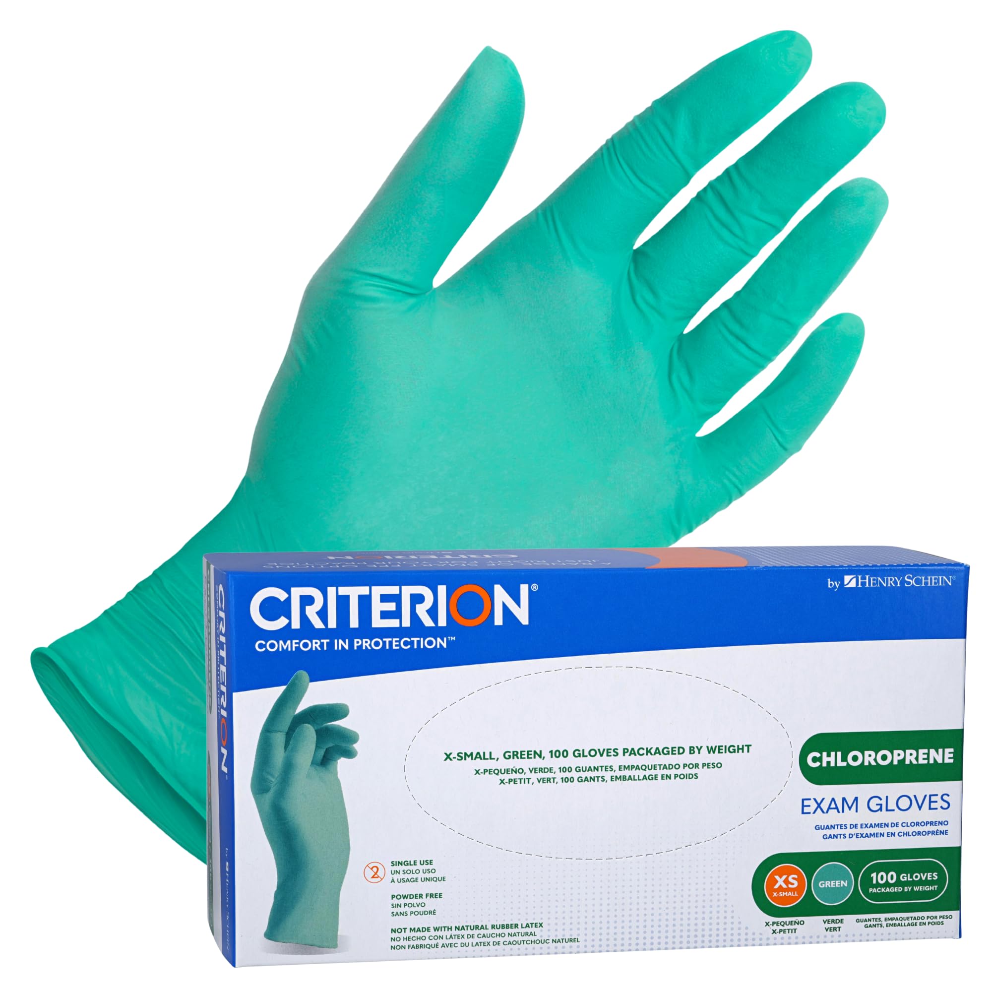 Criterion Chloroprene Exam Gloves, XS-X-Large, Green, 100/Box – Non-Sterile, Latex-Free, Disposable, Textured Fingers, 4.33 Mil Finger Thickness, Chemical & Tear Resistant, Beaded Cuff
