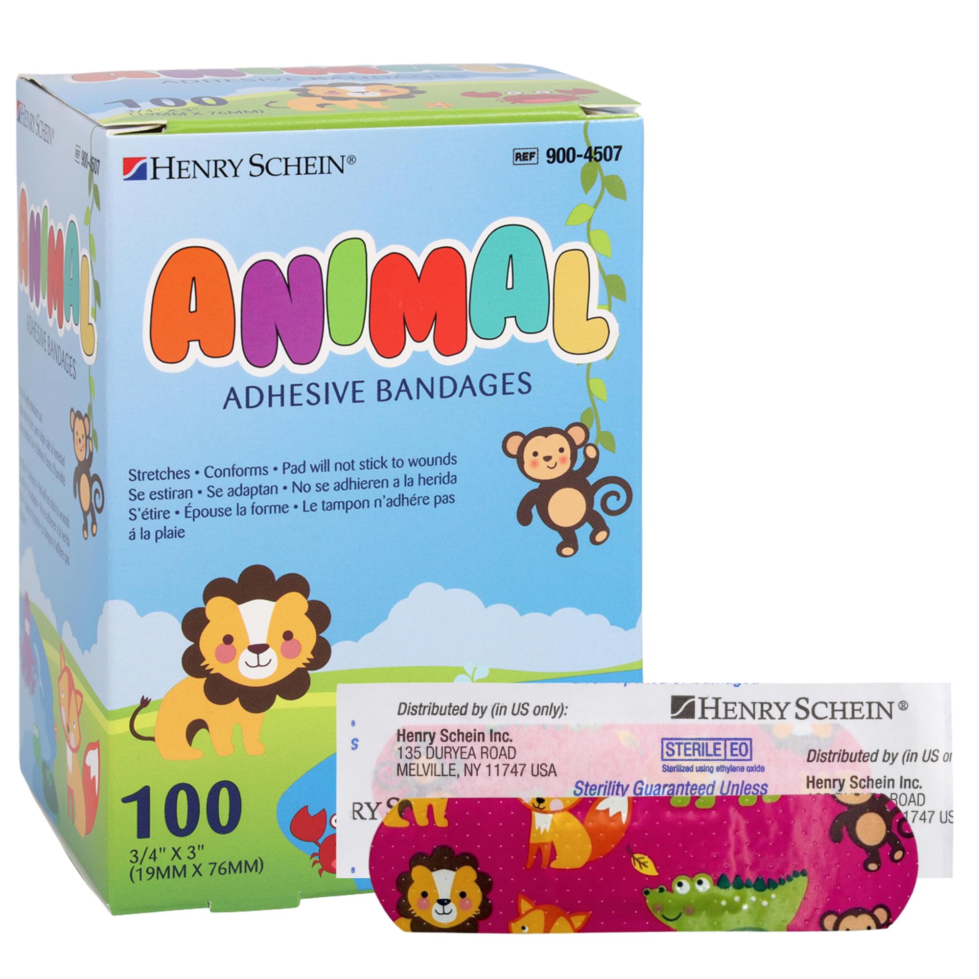 Henry Schein Adhesive Bandages – Plastic, 3/4" x 3", Animal Print, Sterile – 100 per Box, Individually Wrapped for Medical or Pediatric Use