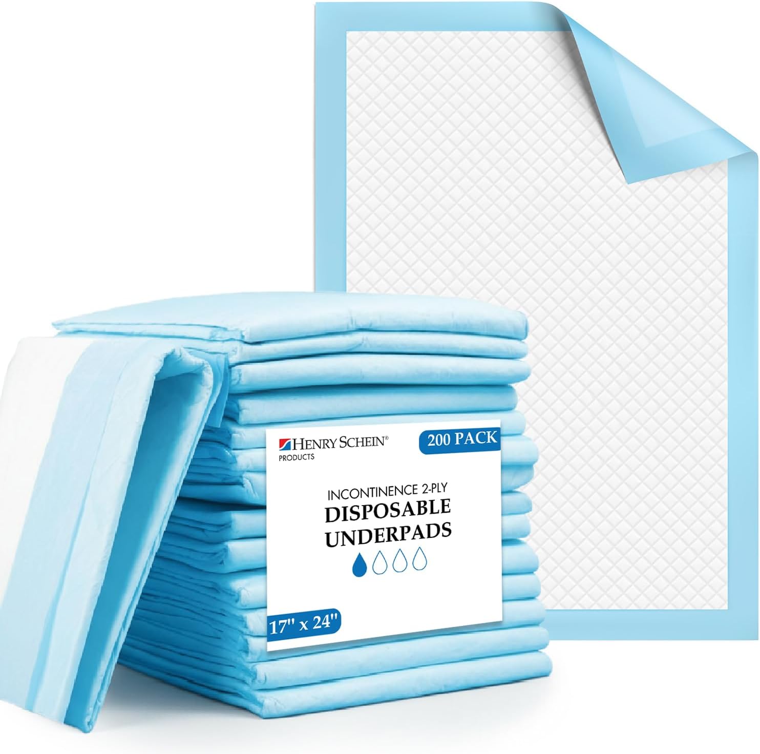 Henry Schein Disposable Underpads 17'' x 24'' Incontinence Pads, Bed Covers, Puppy Training | Thick, Super Absorbent Protection for Kids, Adults, Elderly | Liquid, Urine, Accidents