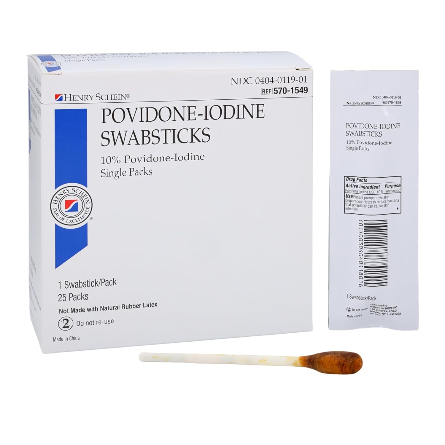 Henry Schein Prep Povidone-Iodine Swabsticks 1's- Individually Packed, Sterile, Antiseptic for Skin Preparation, 10% Povidone-Iodine- 25/BX