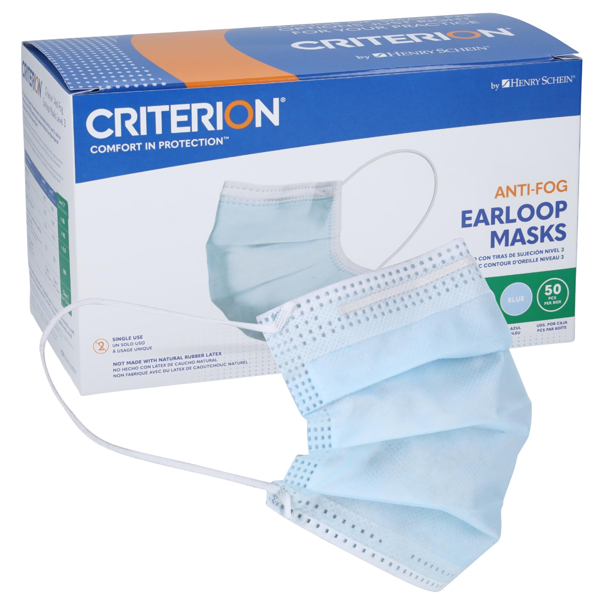 Criterion ASTM Level 3 Disposable Face Mask – Anti-Fog, Mask, 3-Ply, Fluid Resistant, Latex-Free, Flat Earloops, Adult, 50/Box