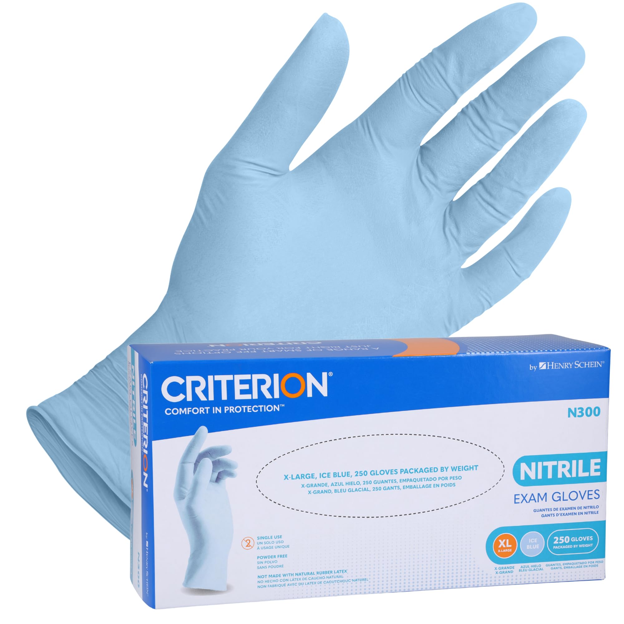 Criterion N300 Ice Blue Nitrile Exam Gloves – Sizes XS–XL, Chlorinated, Non-Sterile, Latex-Free – 300/Box (XS–L), 250/Box (XL)