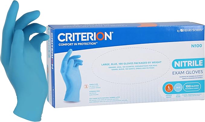 Criterion N100 Blue Nitrile Exam Gloves, 3.54 Mil, Powder-Free, Textured Fingers – Sizes XS to L: 100/Box, XL: 90/Box