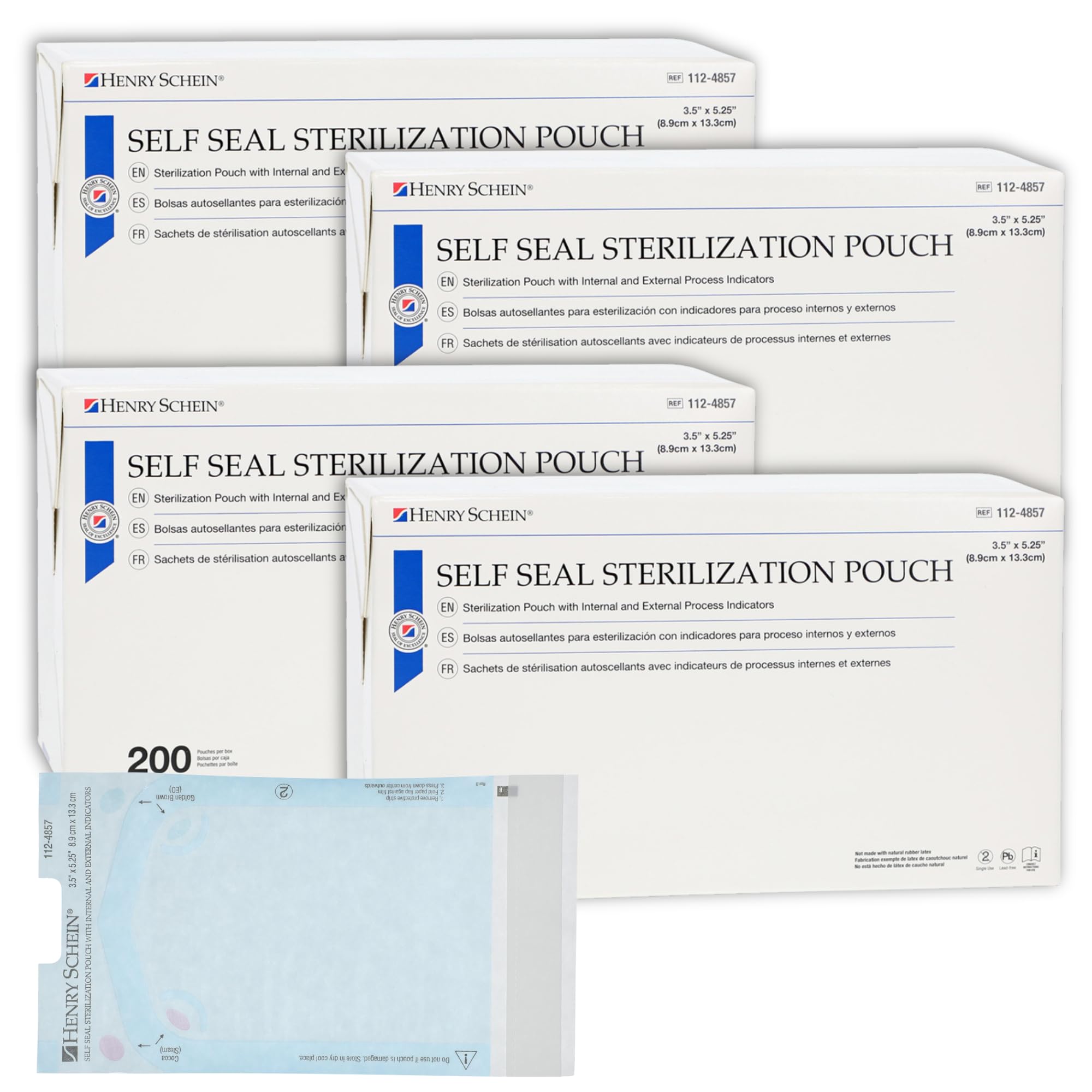 Henry Schein Self-Sealing Sterilization Pouches, Latex-Free, Built in Color Change Guide 3.5 in x 5.25