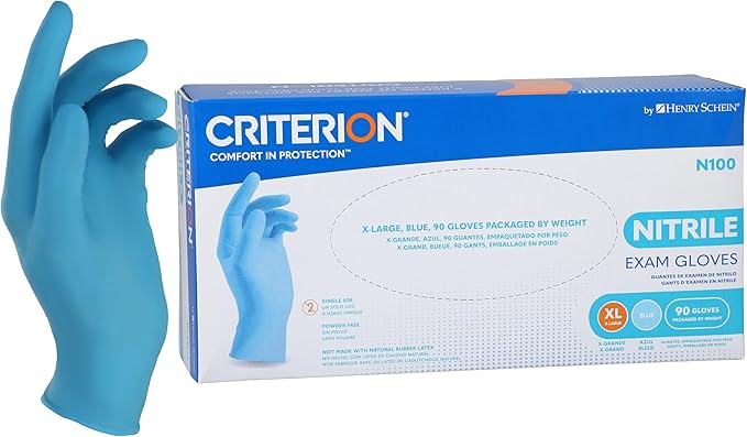 Criterion N100 Blue Nitrile Exam Gloves, 3.54 Mil, Powder-Free, Textured Fingers – Sizes XS to L: 100/Box, XL: 90/Box