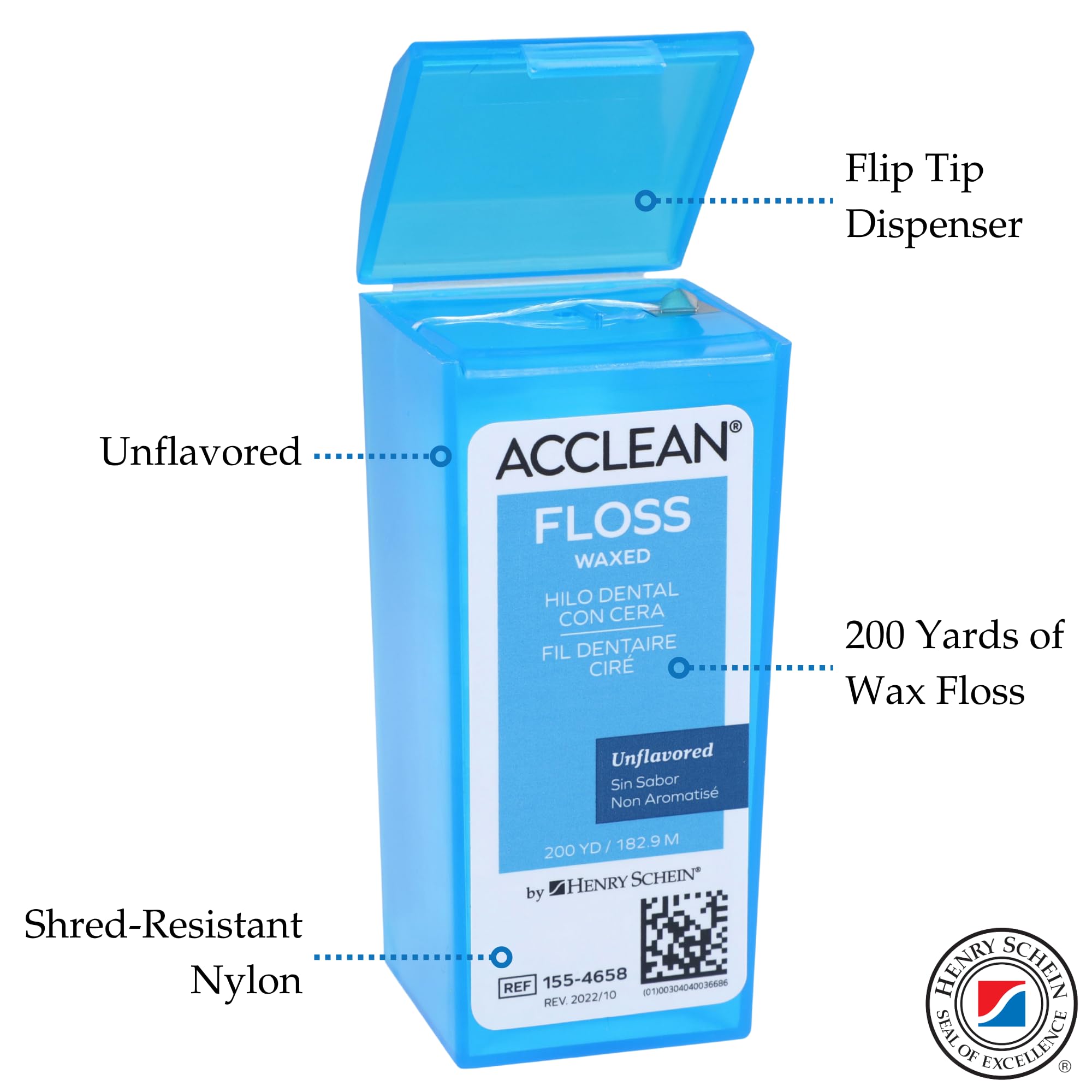 Acclean Dental Floss, Shred Resistant Nylon, Waxed, 200 Yards of Dental Floss, Unflavored, Office Size