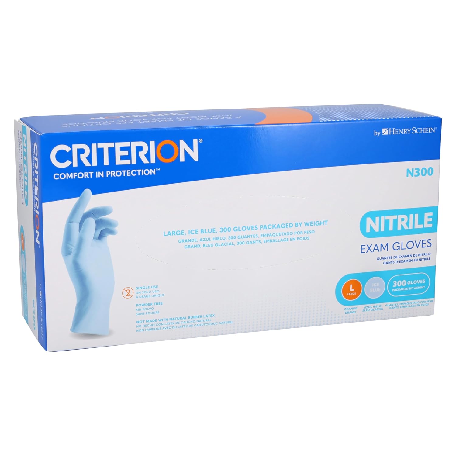 Criterion N300 Ice Blue Nitrile Exam Gloves – Sizes XS–XL, Chlorinated, Non-Sterile, Latex-Free – 300/Box (XS–L), 250/Box (XL)