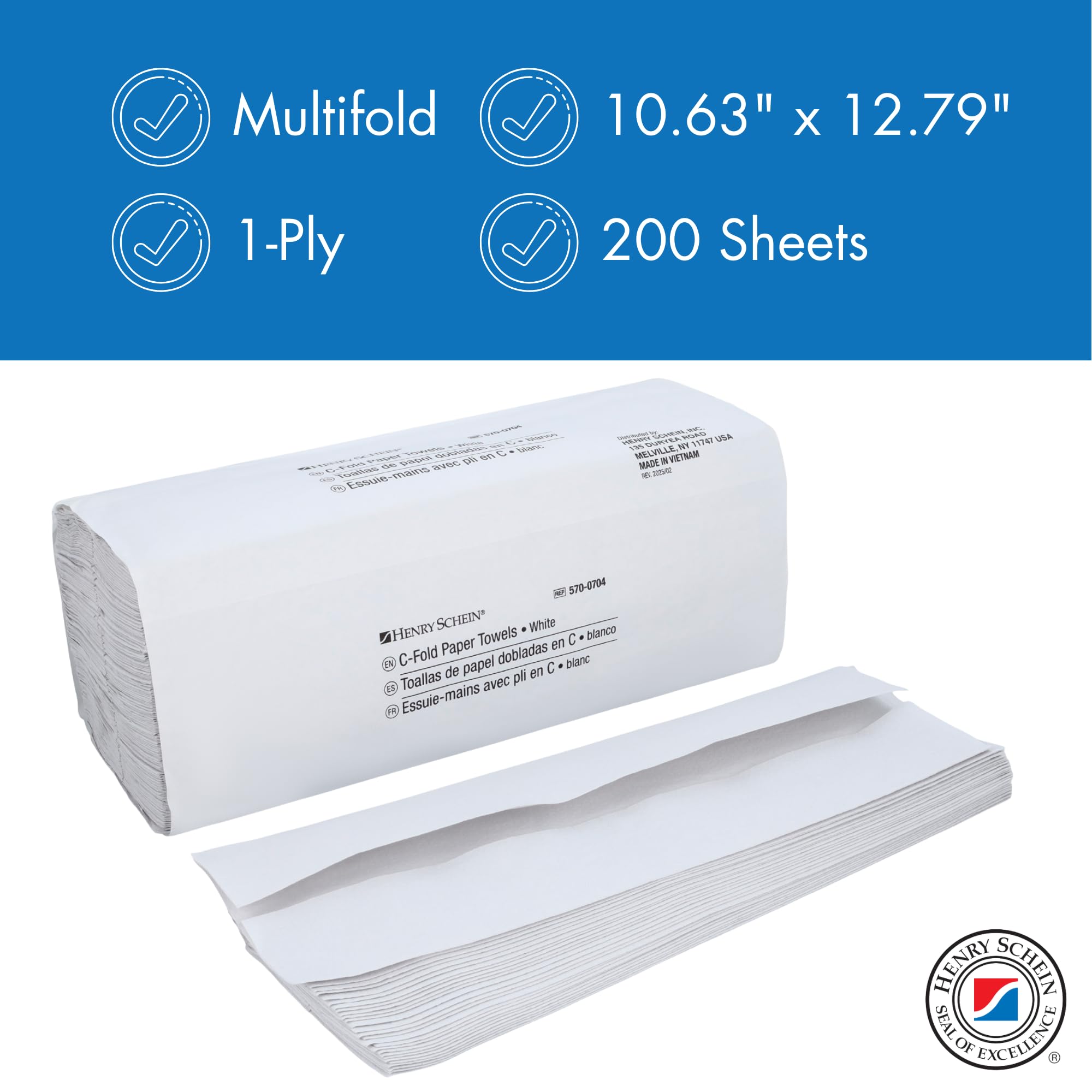 Henry Schein C Fold Paper Towels (570-0704) with Fast-Drying Absorbency Pockets, 200 C Fold Towels/Pack, White