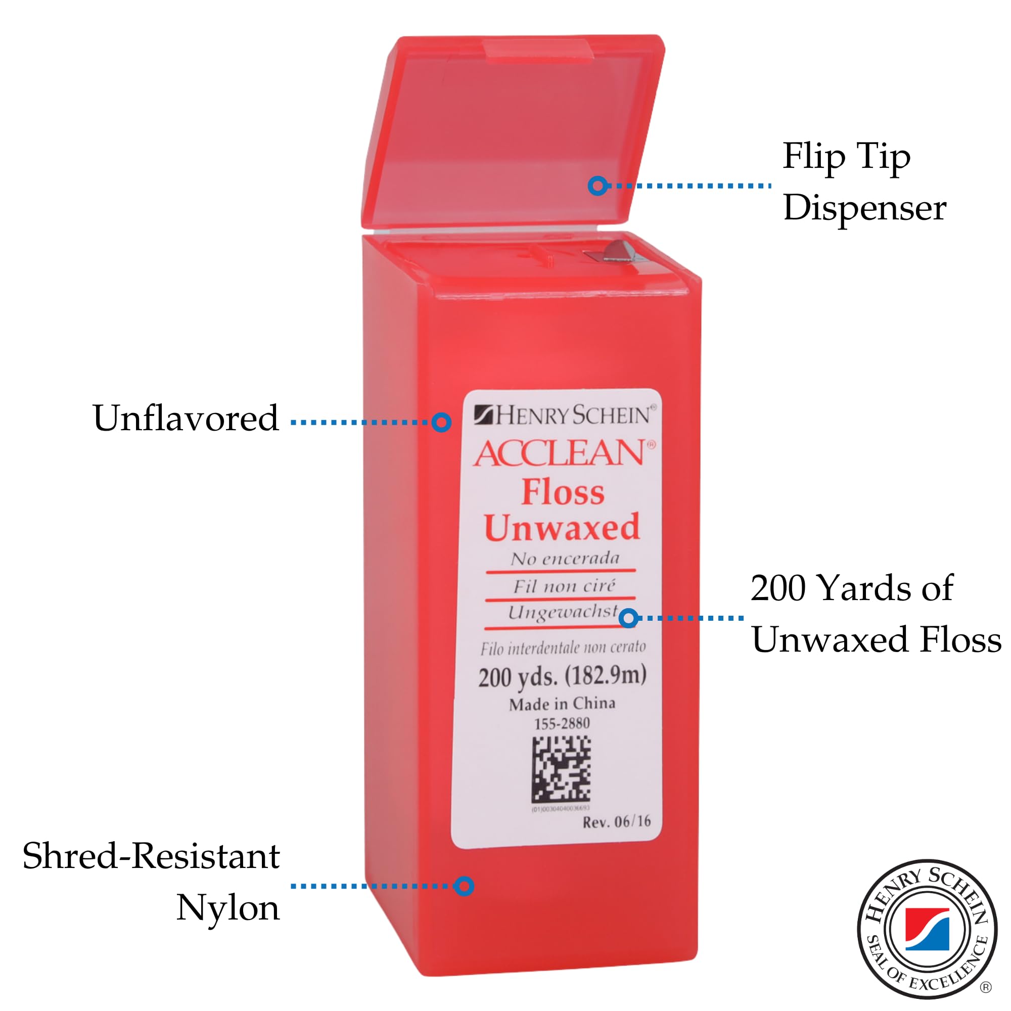 Acclean Dental Floss, Shred Resistant Nylon, Waxed, 200 Yards of Dental Floss, Unflavored, Office Size