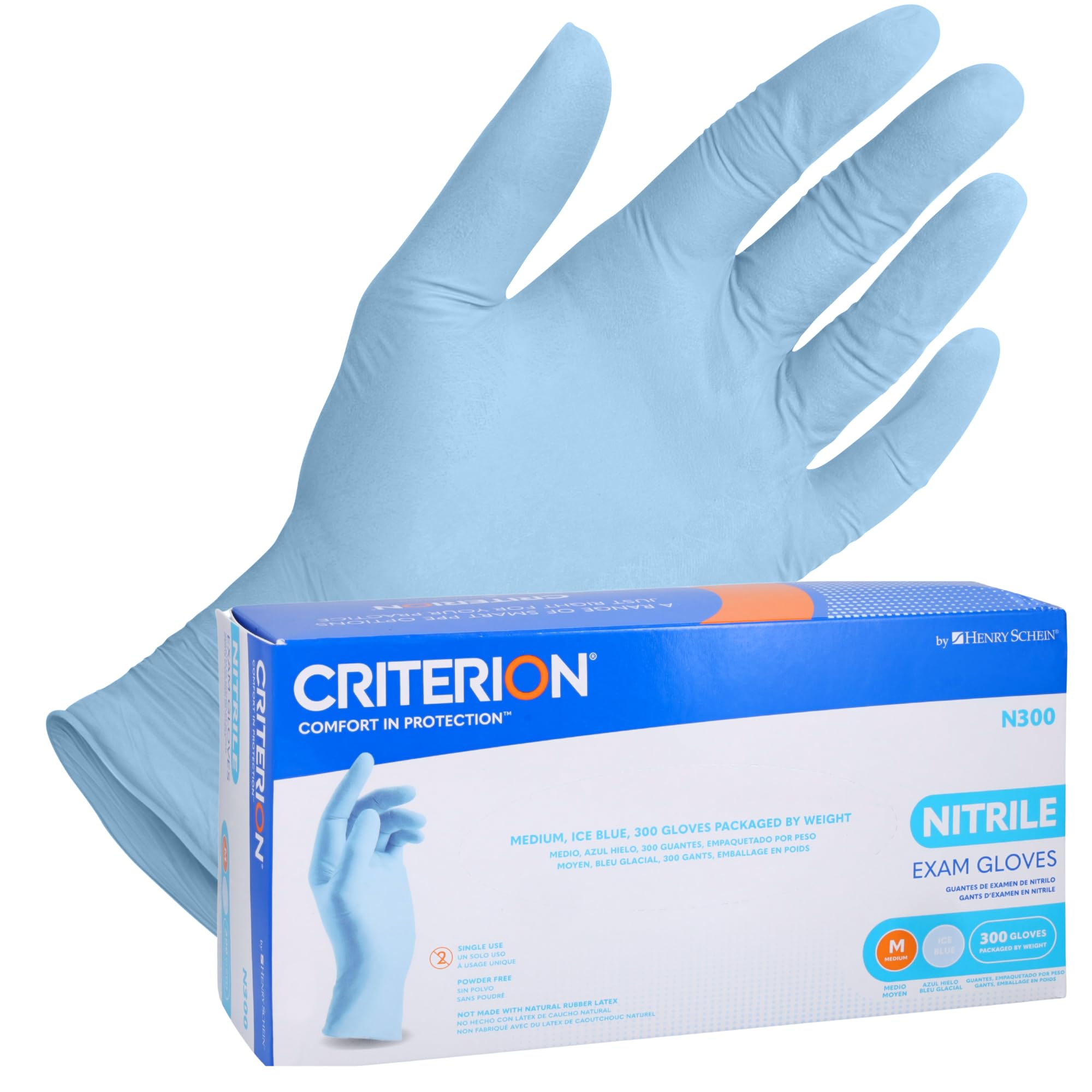 Criterion N300 Ice Blue Nitrile Exam Gloves – Sizes XS–XL, Chlorinated, Non-Sterile, Latex-Free – 300/Box (XS–L), 250/Box (XL)