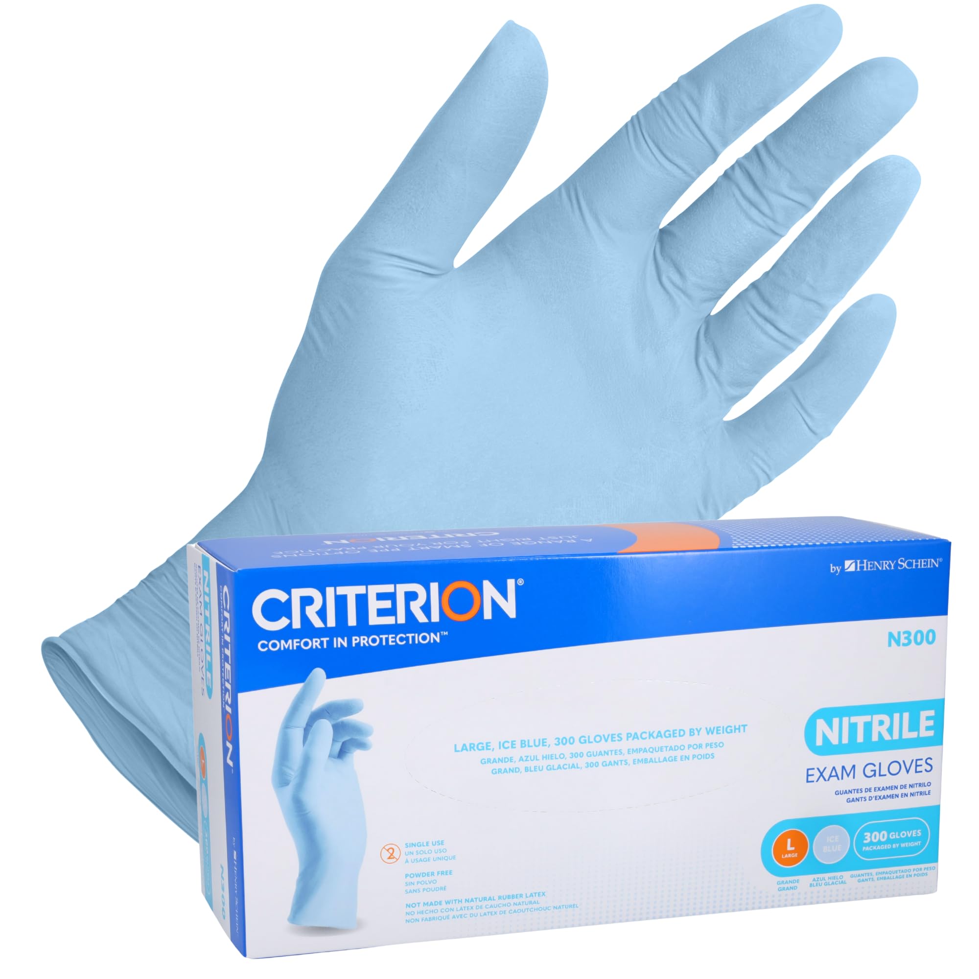 Criterion N300 Ice Blue Nitrile Exam Gloves – Sizes XS–XL, Chlorinated, Non-Sterile, Latex-Free – 300/Box (XS–L), 250/Box (XL)