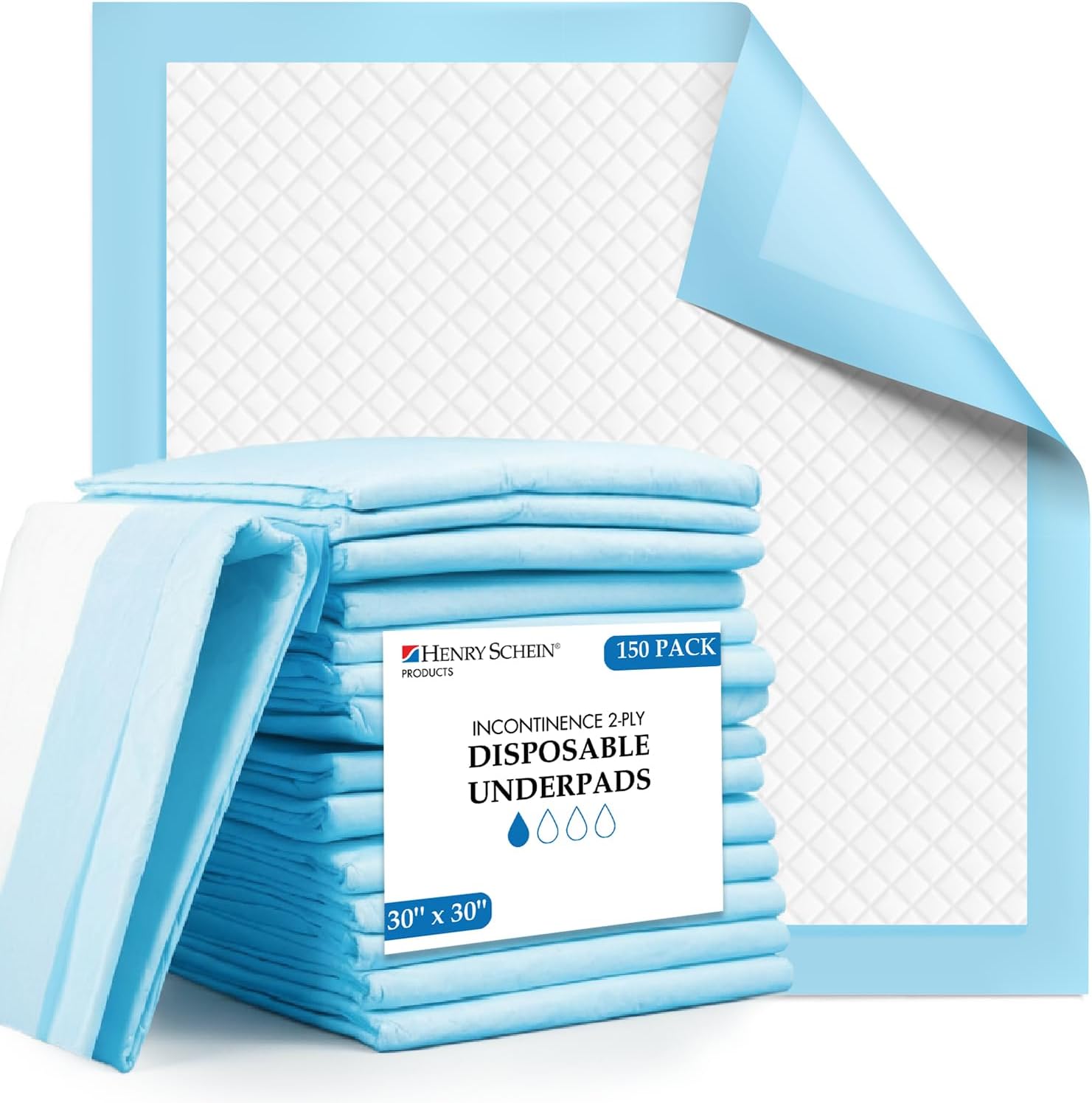 Henry Schein Disposable Underpads 30" x 30" – Light Absorbency, 2-Ply, Latex-Free, Poly-Backed