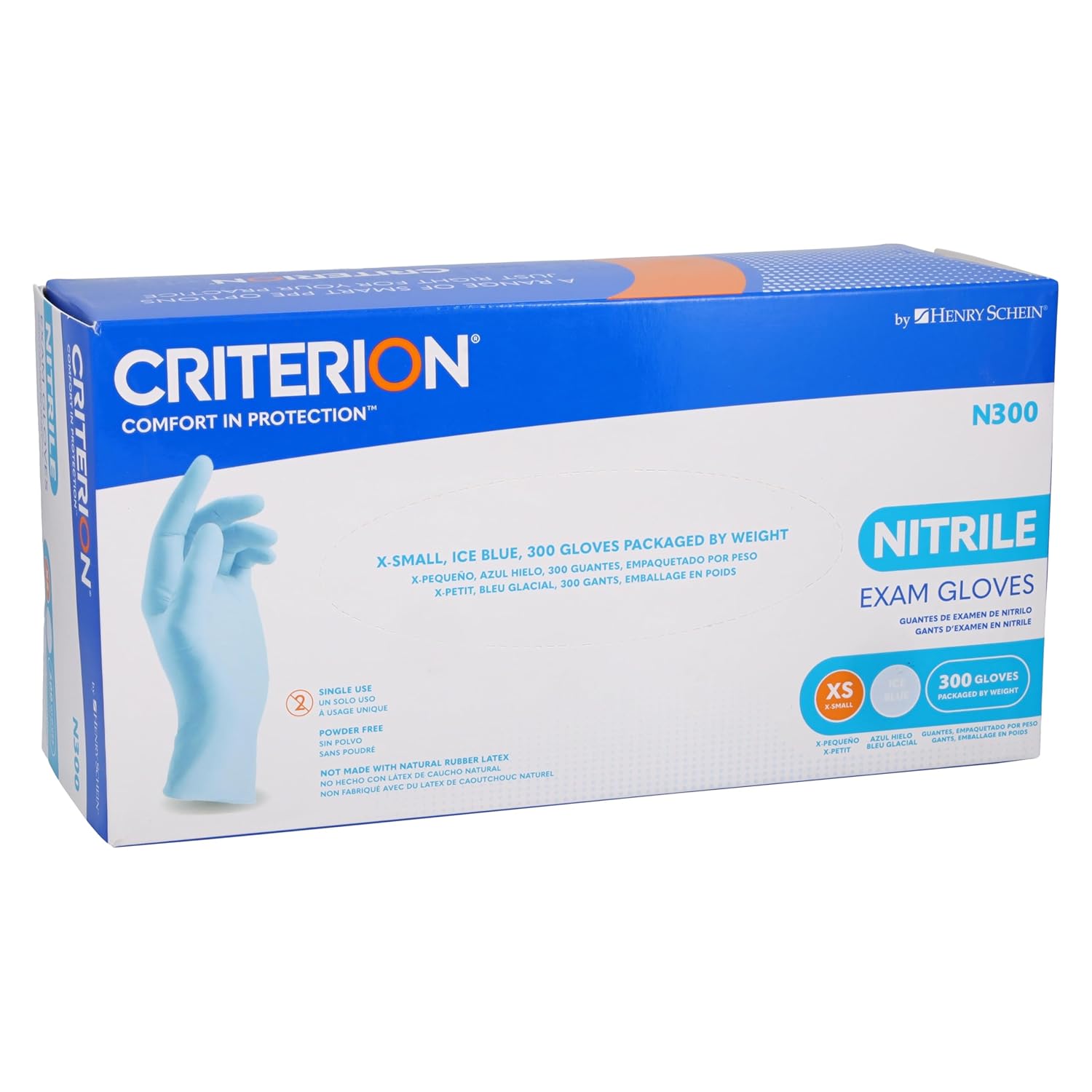 Criterion N300 Ice Blue Nitrile Exam Gloves – Sizes XS–XL, Chlorinated, Non-Sterile, Latex-Free – 300/Box (XS–L), 250/Box (XL)