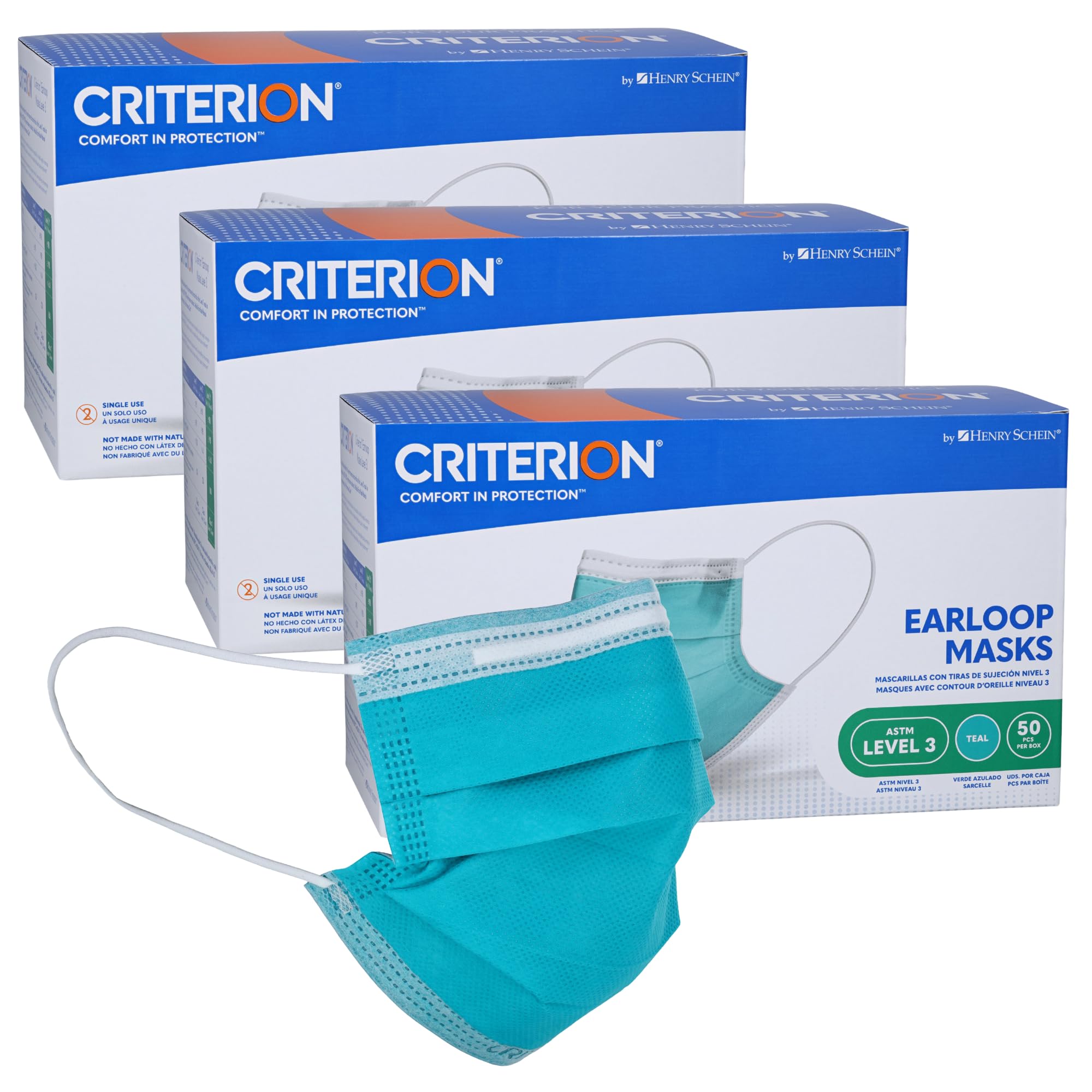 Criterion ASTM Level 3 Disposable Face Mask – Teal, 3-Ply, Fluid Resistant, Latex-Free, Flat Earloops, Adult, 50/Box