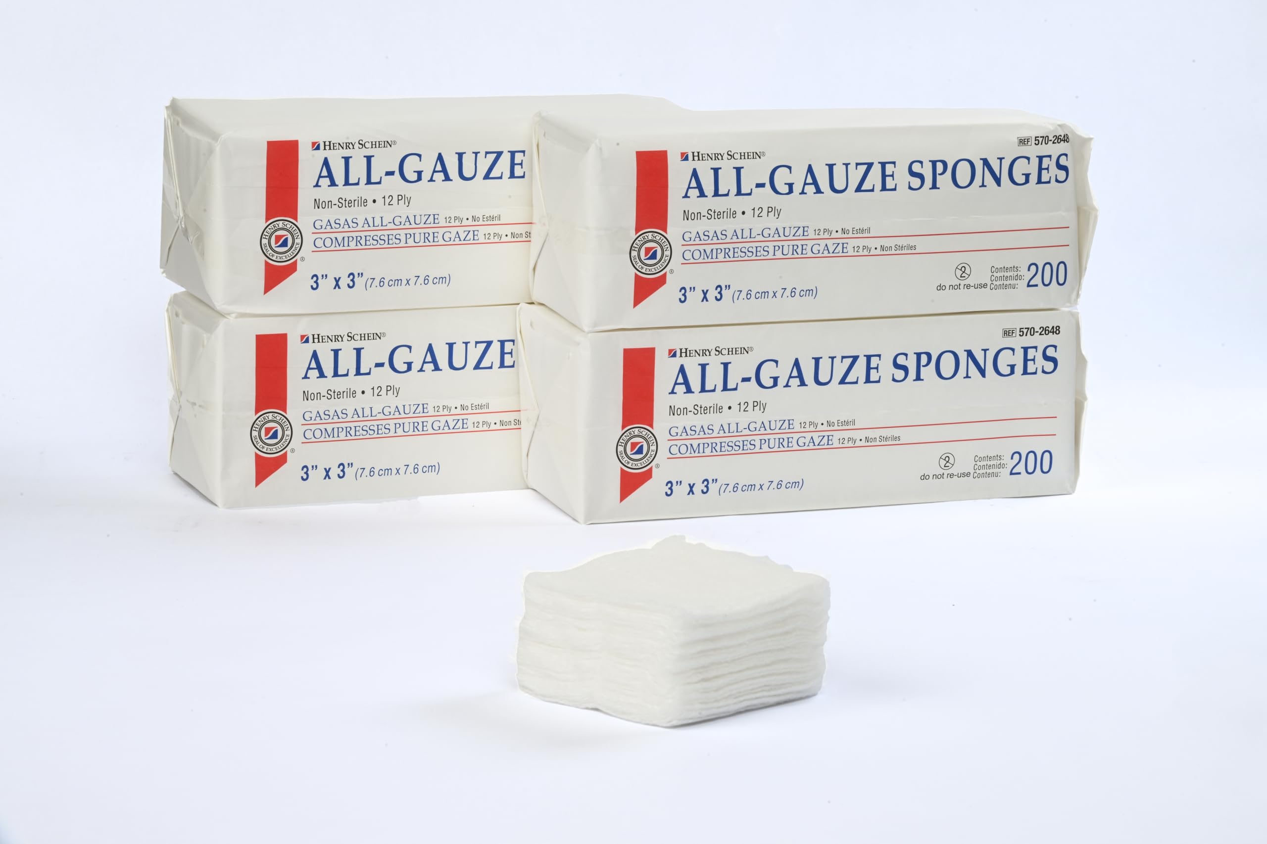 Henry Schein 200-Pack Non-Sterile Gauze Pads 3’’ x 3’’ for Wound Dressing Gauze Sponge-Pads for Wound Care,100% Cotton & Highly Absorbent