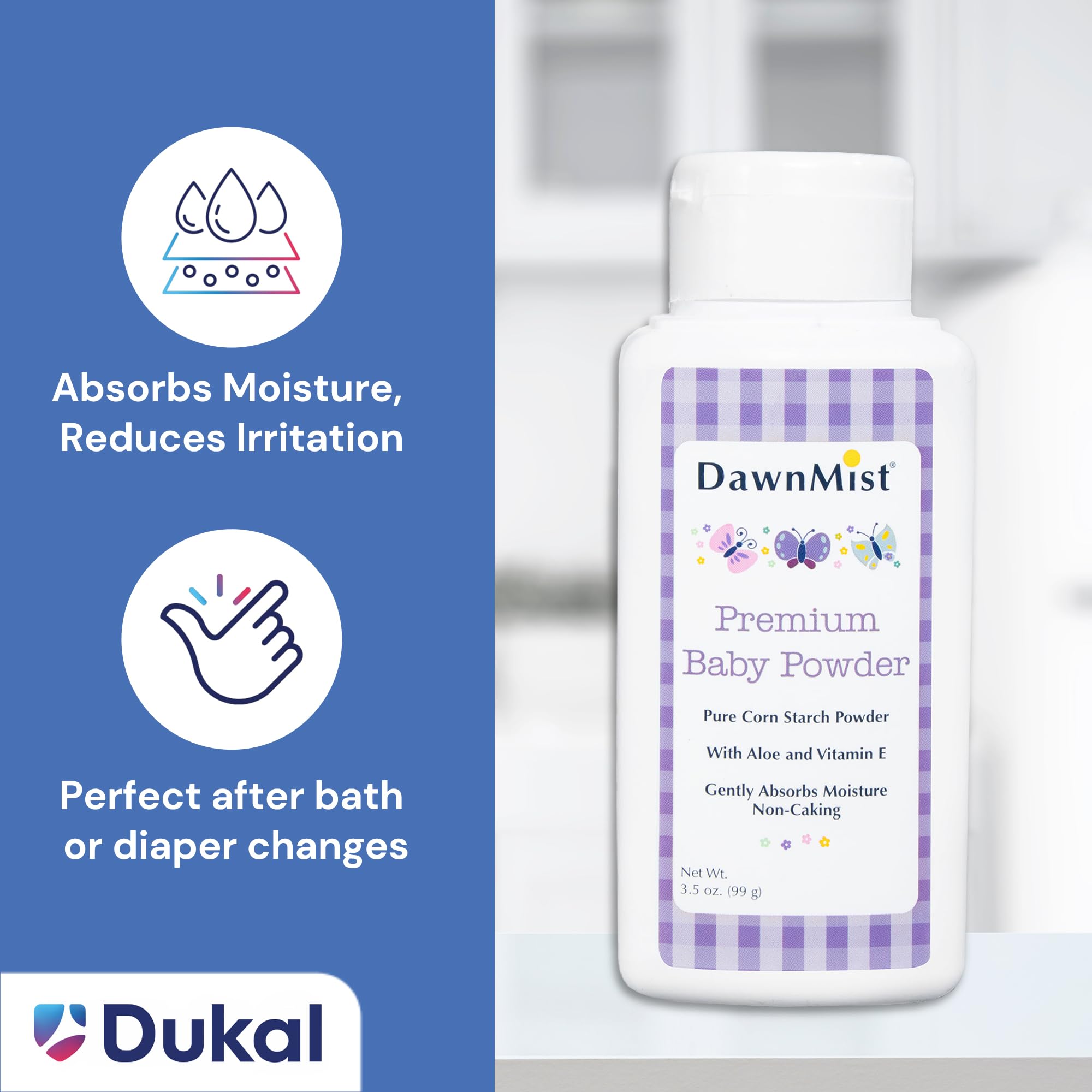 Dukal DawnMist Premium Baby Powder, 3.5 oz Bottles – Talc-Free Formula, Gentle & Soothing for Delicate Skin