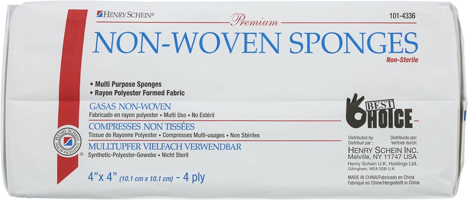 Henry Schein Premium Gauze, Rayon/Polyester Blend Non-Woven Sponges, 4 in x 4 in 4 Ply Non-Sterile, 4-Ply, 200/Pack