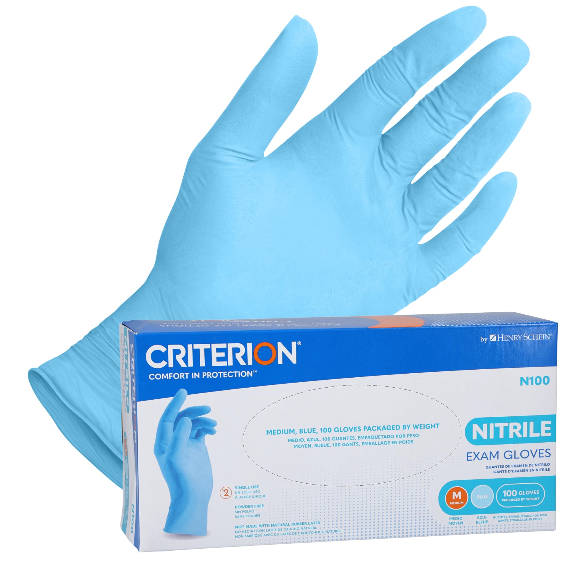 Criterion N100 Blue Nitrile Exam Gloves, 3.54 Mil, Powder-Free, Textured Fingers – Sizes XS to L: 100/Box, XL: 90/Box