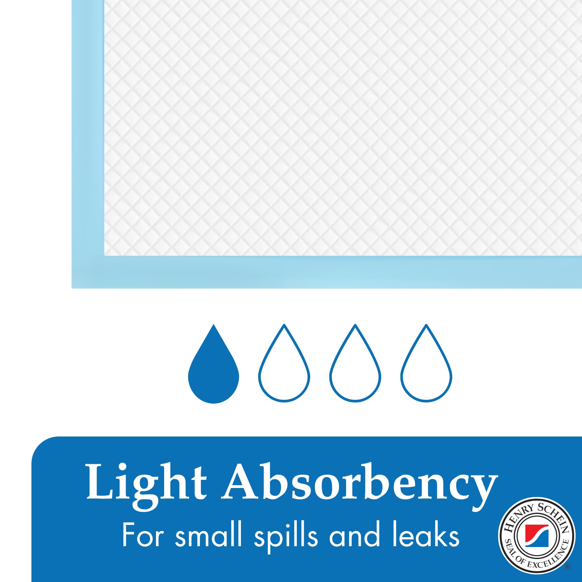 Henry Schein Disposable Underpads, 30x36" – Light Absorbency, 2-Ply Tissue, Not Waterproof – Hypoallergenic, Latex-Free, Poly-Backed for Minor Leaks – 100 Pads/Case, White/Blue