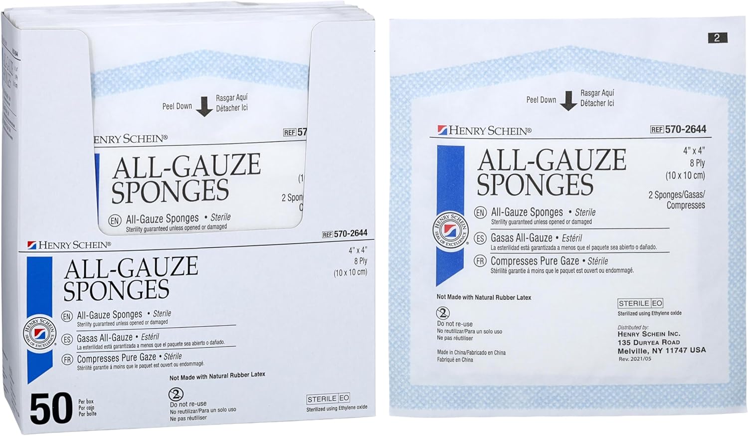 Henry Schein Premium 100% Cotton All-Gauze Sponge 4x4 8 Ply Sterile Square for Wound Care & Home First Aid Kits - 50/Box