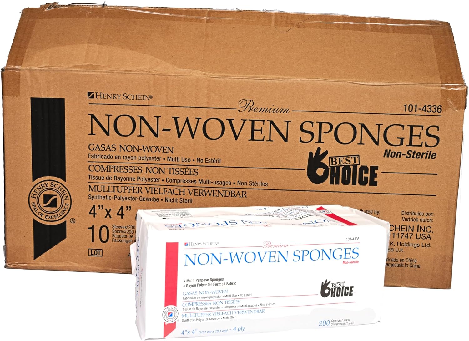 Henry Schein Premium Gauze, Rayon/Polyester Blend Non-Woven Sponges, 4 in x 4 in 4 Ply Non-Sterile, 4-Ply, 200/Pack