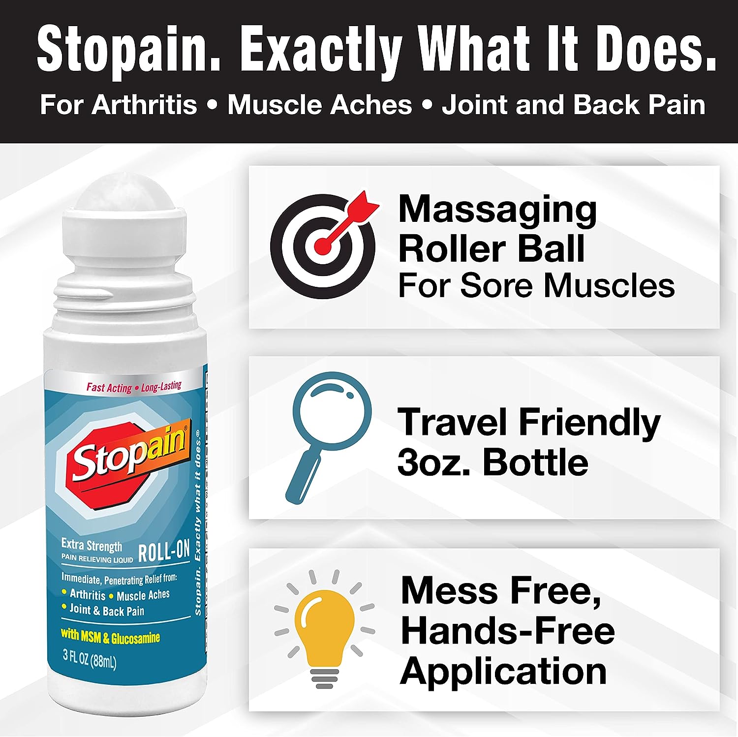 Stopain Pain Relief Roll On Gel 3oz, USA Made, Max Strength Fast Acting with MSM, Glucosamine, Menthol for Arthritis, Lower Back, Knee, Neck, HSA FSA Approved OTC Topical Analgesic Products