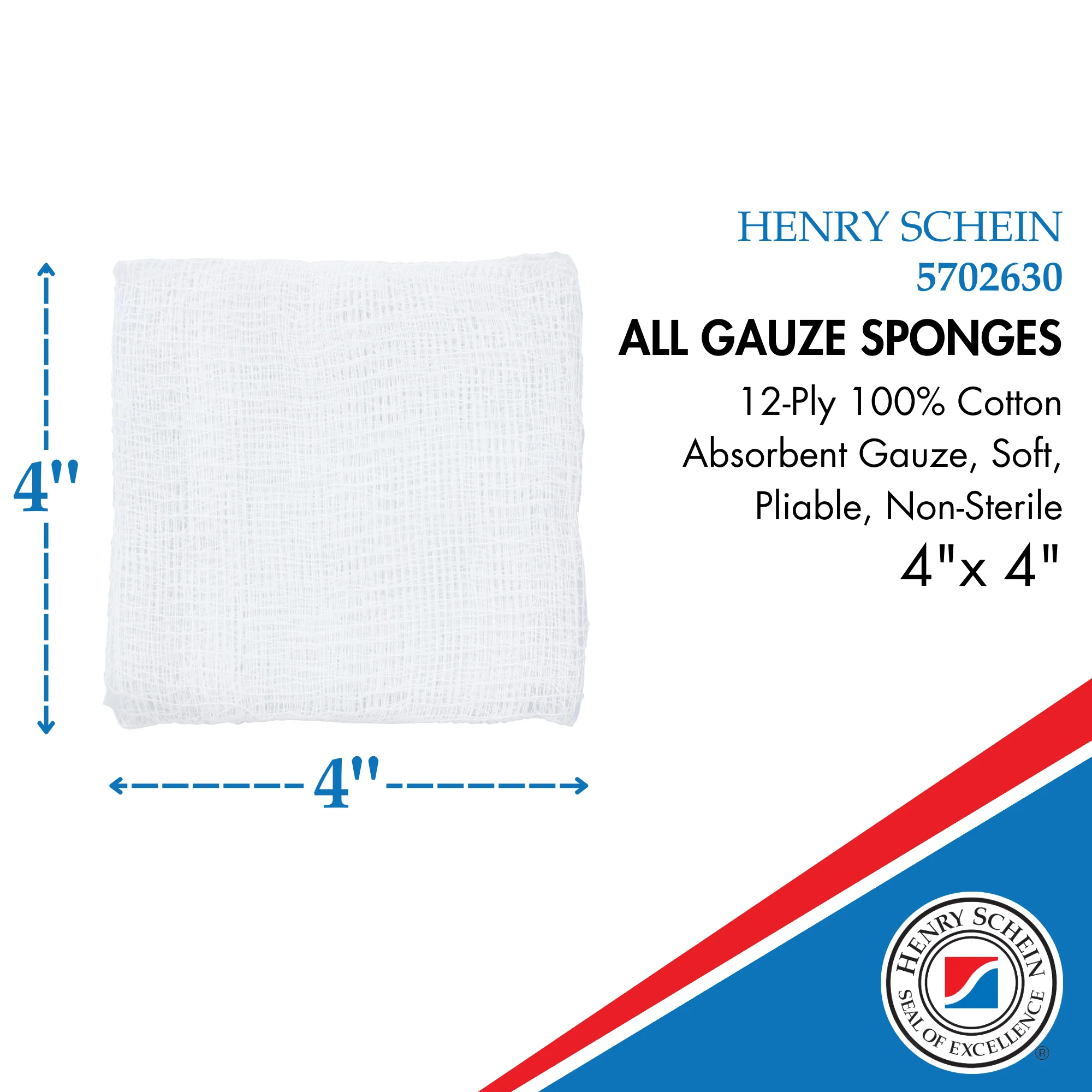 Henry Schein 200/Pack Non-Sterile Gauze Pads 4’’ x 4’’ for Wound Dressing Gauze Sponge-Pads for Wound Care & Home First Aid Kits -12-Ply - 100% Cotton & Highly Absorbent