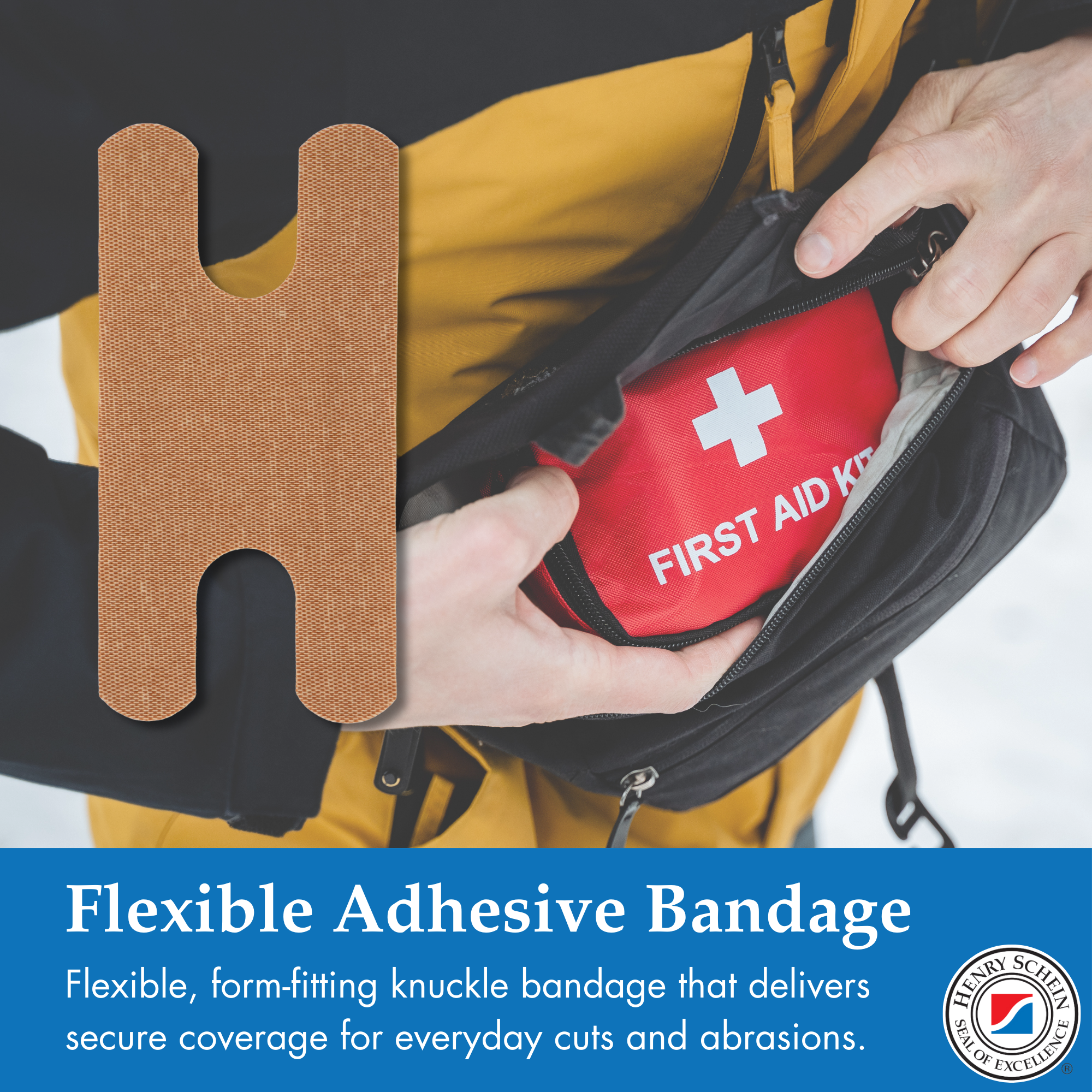 Henry Schein Fabric Knuckle Flexible Adhesive Bandages – Bandages with Non-Stick Pad, Latex Free, Wound Care for First Aid Kit, 1.5” x 3"