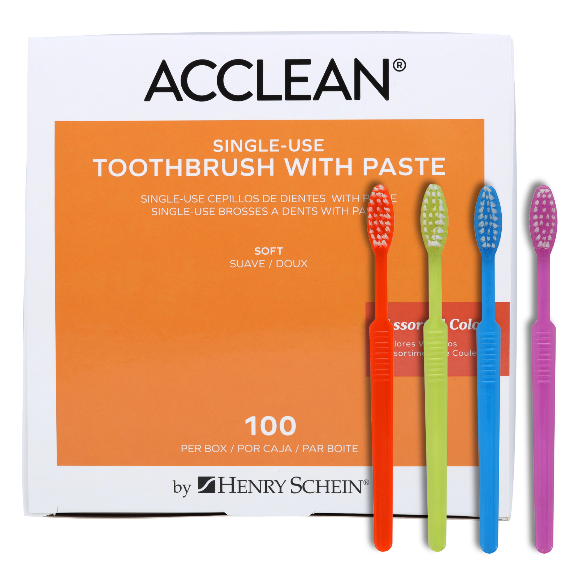 Henry Schein Acclean Disposable Pre-Pasted Toothbrushes – Full Head, Individually Wrapped, Just Add Water, Assorted Colors, Single-Use Oral Care – 100 Count