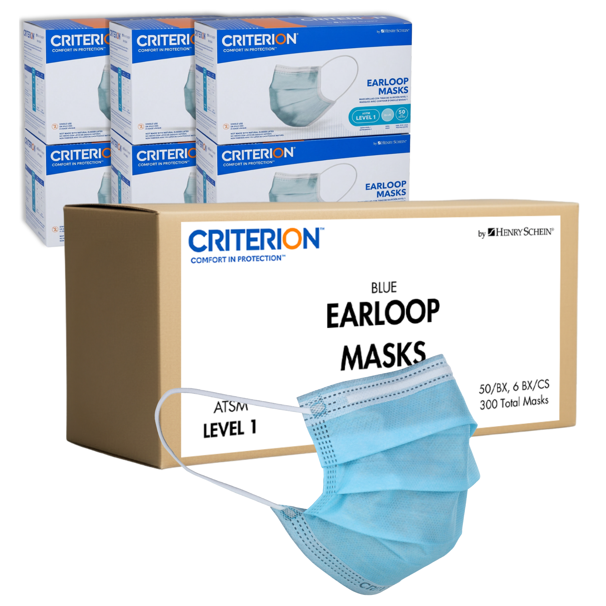 Criterion ASTM Level 1 Disposable Face Mask, Adult Size, Blue, 3-Ply, Fluid Resistant, Latex-Free, Flat Earloops, Adjustable Nose Piece, 50/Box