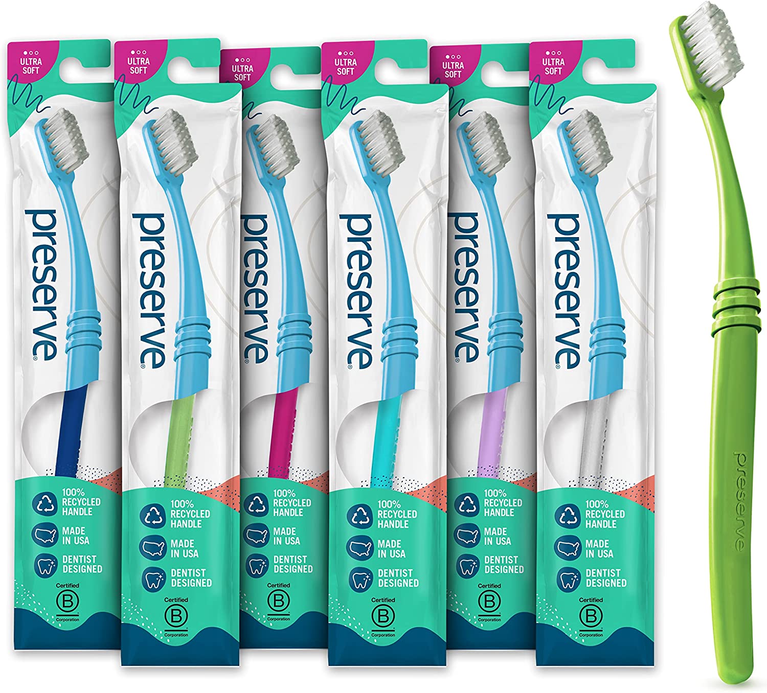 Preserve Eco Friendly Adult Toothbrushes, Made in The USA from Recycled Plastic, Lightweight Pouch, Colors Vary, 6 Count