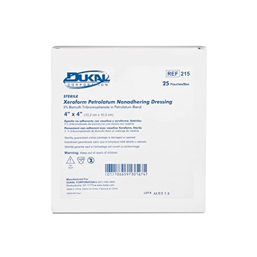 Dukal 215 Alba Xeroform Petrolatum Gauze, Sterile, 4 x 4 Inch (Pack of 25)
