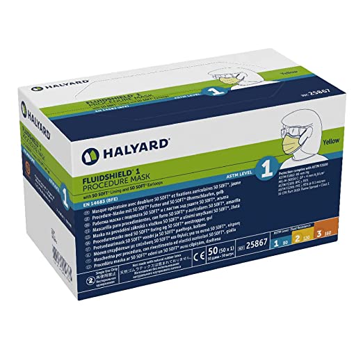 HALYARD FLUIDSHIELD 1 Disposable Procedure Mask w/SO Soft Lining and SO Soft Earloops, Yellow, 25867 (Box of 50)