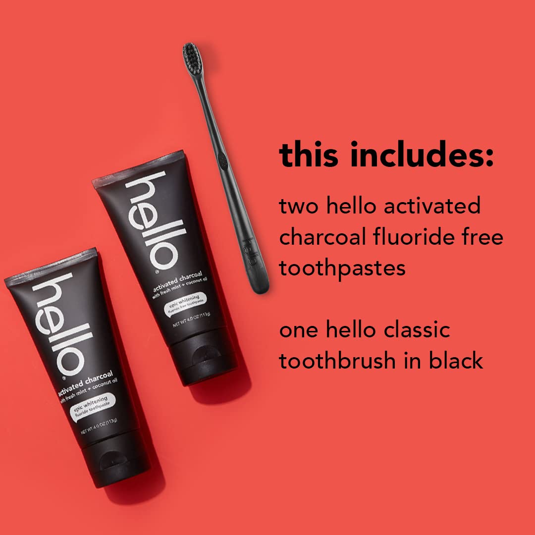 Hello Activated Charcoal Epic Teeth Whitening Fluoride Free Toothpaste and Toothbrush, Fresh Mint and Coconut Oil, Vegan, SLS Free, Gluten Free and Peroxide Free, 4 Ounce