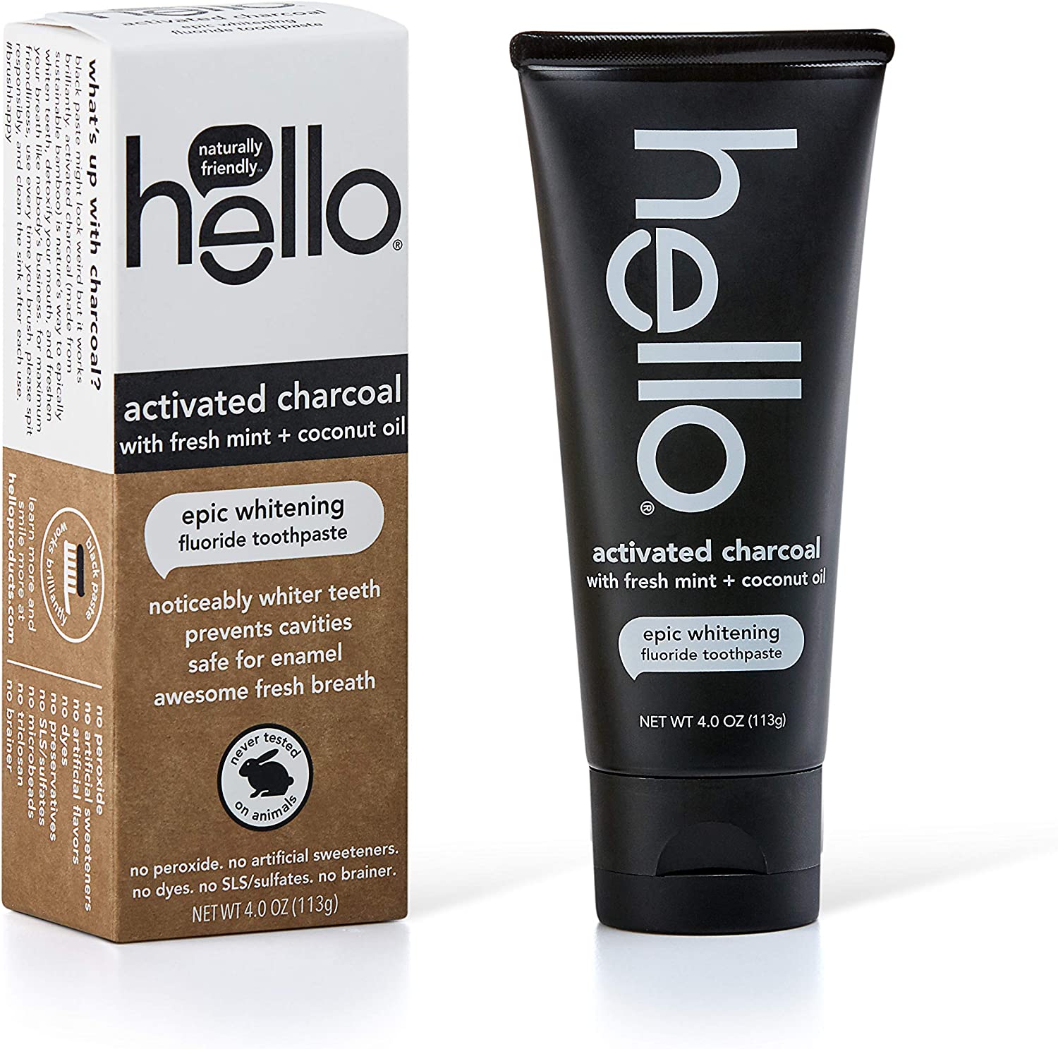 Hello Oral Care Activated Charcoal Fluoride Whitening Toothpaste, Vegan & SLS Free, 4 Ounce (Pack of 1)