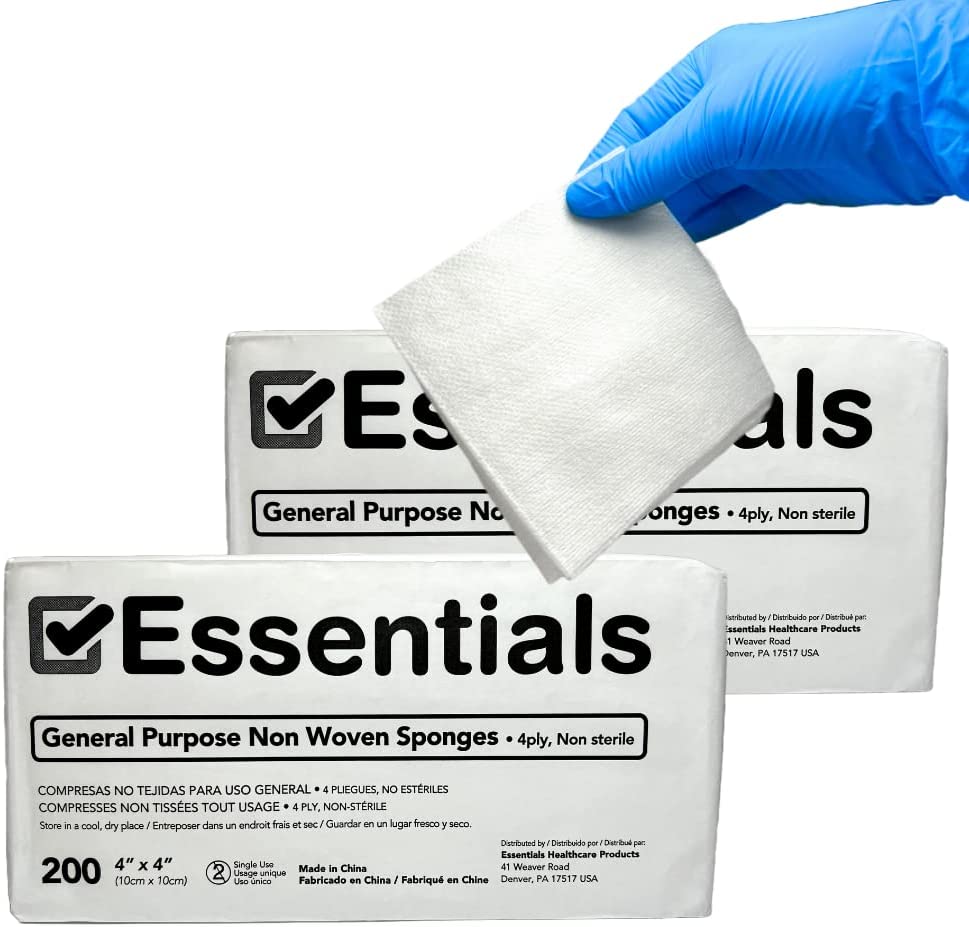 Essentials Non-Sterile Gauze Sponges – 200 Count, 4-Ply, 4’’ x 4’’ Gauze Pads, One Package, Non-Woven Gauze Sponges, Wound Care Product for First Aid Kit/Medical Facilities