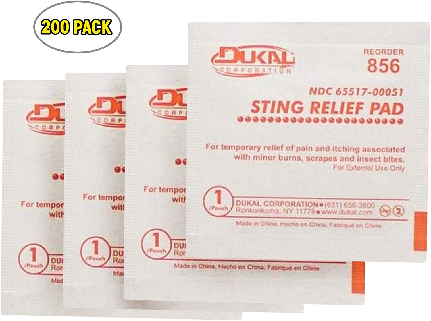 Dukal Sting Relief Pads. Case of 200 Anesthetic Pads for Burns, Scrapes. 2-Ply Non-Woven Pads in Individual Pouches, Non-Sterile Sting Relief Wipes, 856