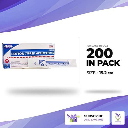 Dukal Cotton Tipped Applicators 6 inch Pack of 200 Swabsticks Wood Shaft 100% Cotton tip Sterile swabsticks for Medical Applications Latex-Free Single use