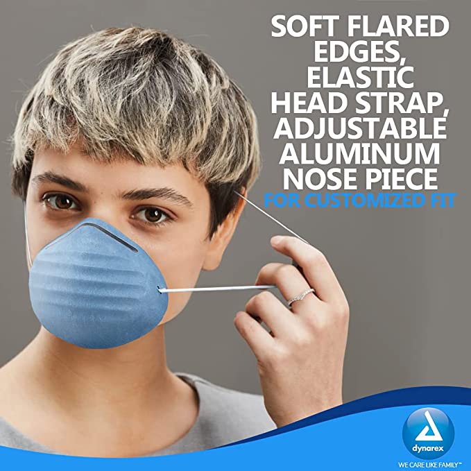 Dynarex Molded Face Mask, Fiberglass-Free, Breathable, Soft Flared Edges, Fits Facial Contours, Covers Mouth and Nose, Adjustable, Blue, 1 Box of 50 Molded Face Masks