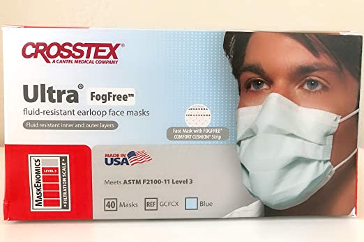 Crosstex CR-GCFCX Ultra Fogfree Earloop Mask Blue (Pack of 40)