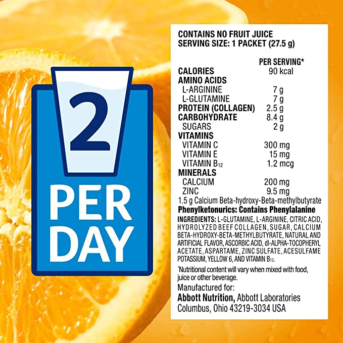 Juven Therapeutic Nutrition Drink Mix Powder for Wound Healing Includes Collagen Protein, Orange, 0.97 Ounce (Pack of 30)