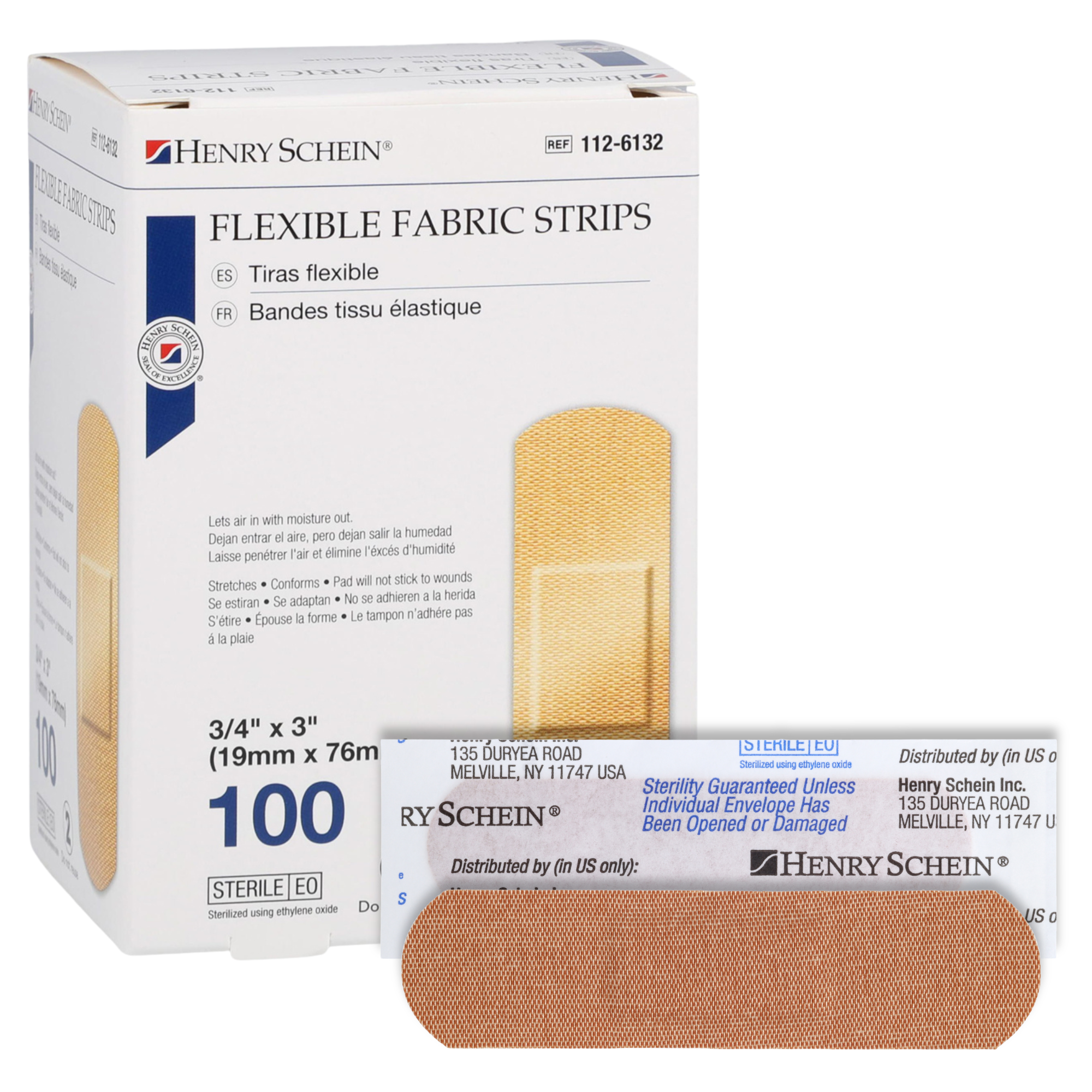 Henry Schein Sterile Adhesive Fabric Bandages, 3/4" x 3" – Box of 100 Flexible, Breathable Strips – Soft, Stretchable Wound Covers for First Aid, Medical Use, Clinics & Emergency Kits